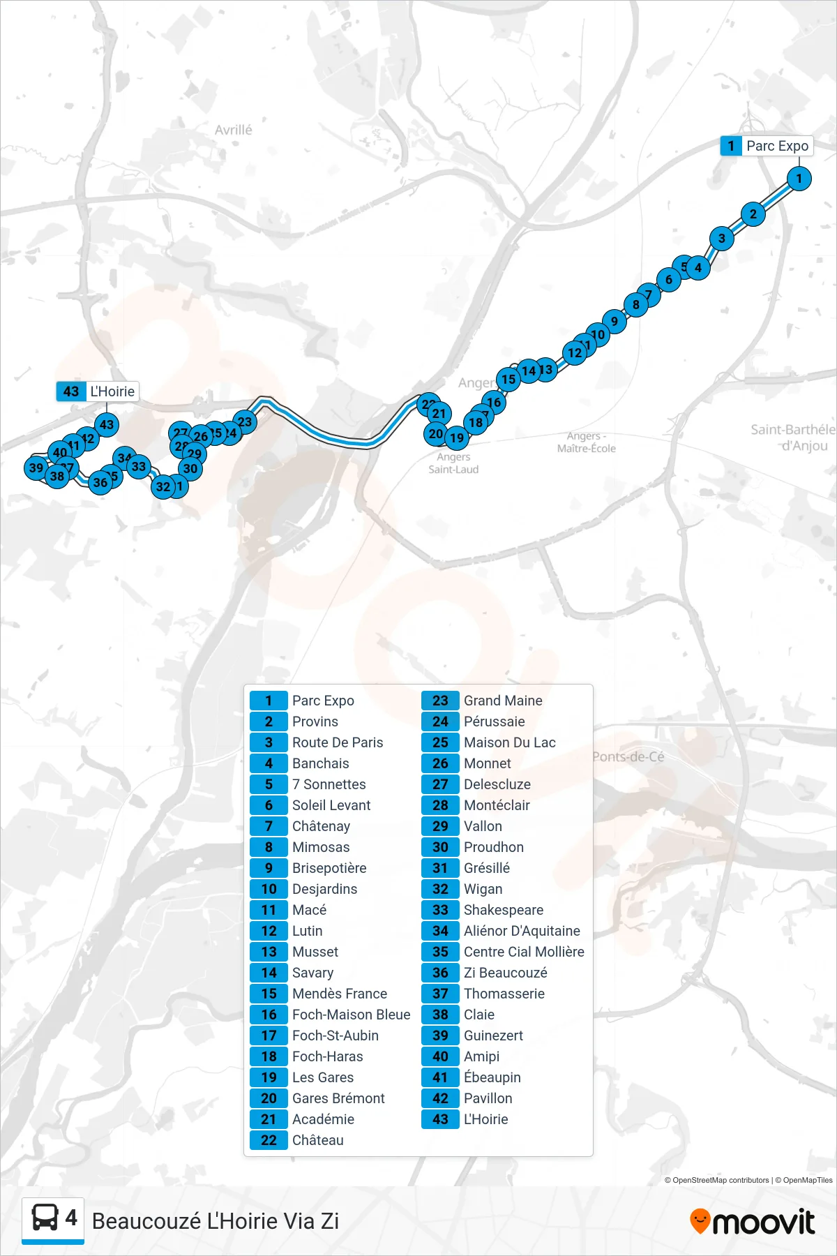 Tracé et arrêts de la ligne 4 de bus (Beaucouzé L'Hoirie Via Zi) sur une carte