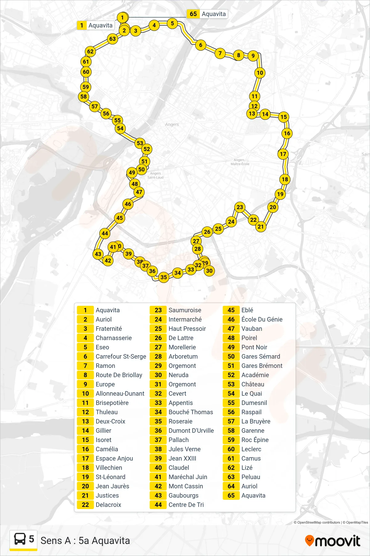 Tracé et arrêts de la ligne 5 de bus (Sens A : 5a Aquavita) sur une carte