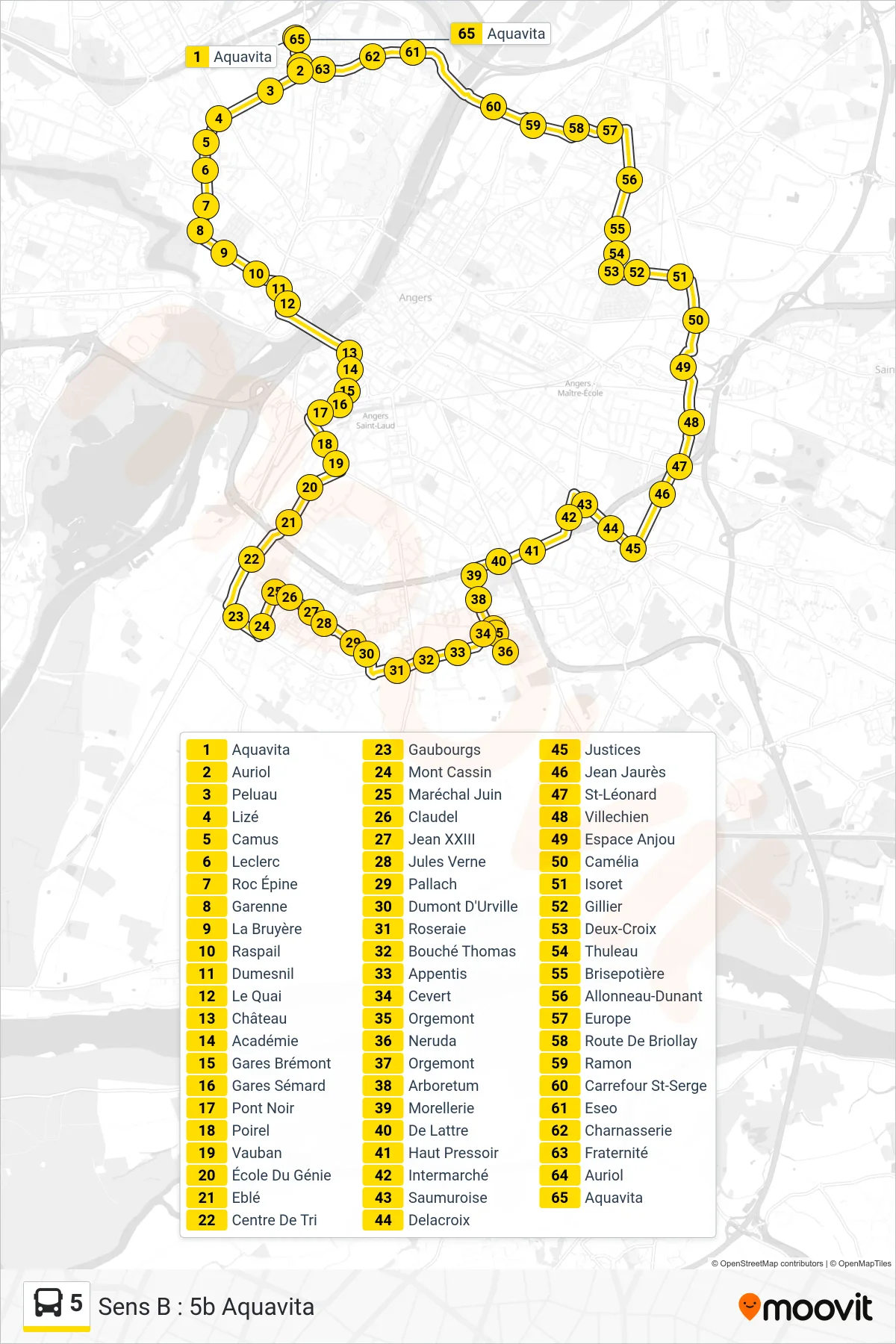 Tracé et arrêts de la ligne 5 de bus (Sens B : 5b Aquavita) sur une carte