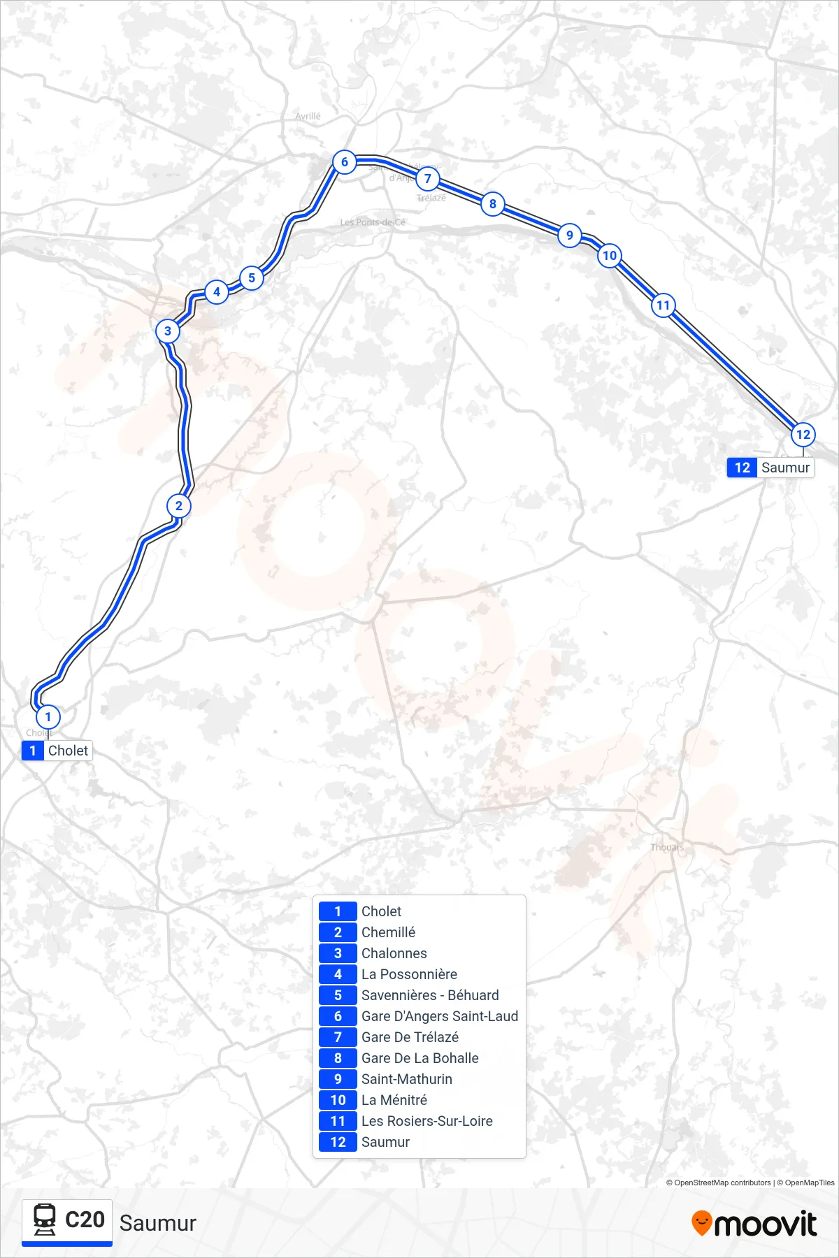 Tracé et arrêts de la ligne C20 de train (Saumur) sur une carte