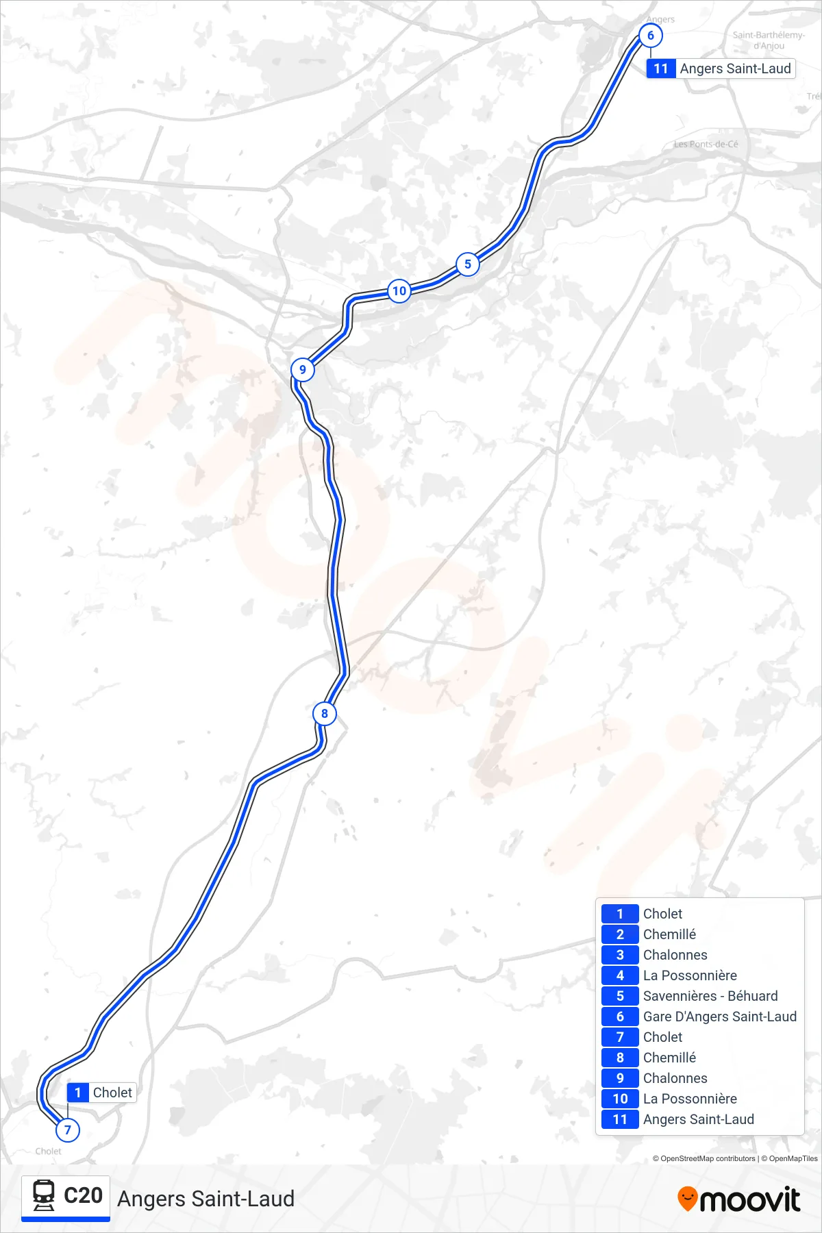 C20 rail Line (Angers Saint-Laud) route and stops on a map
