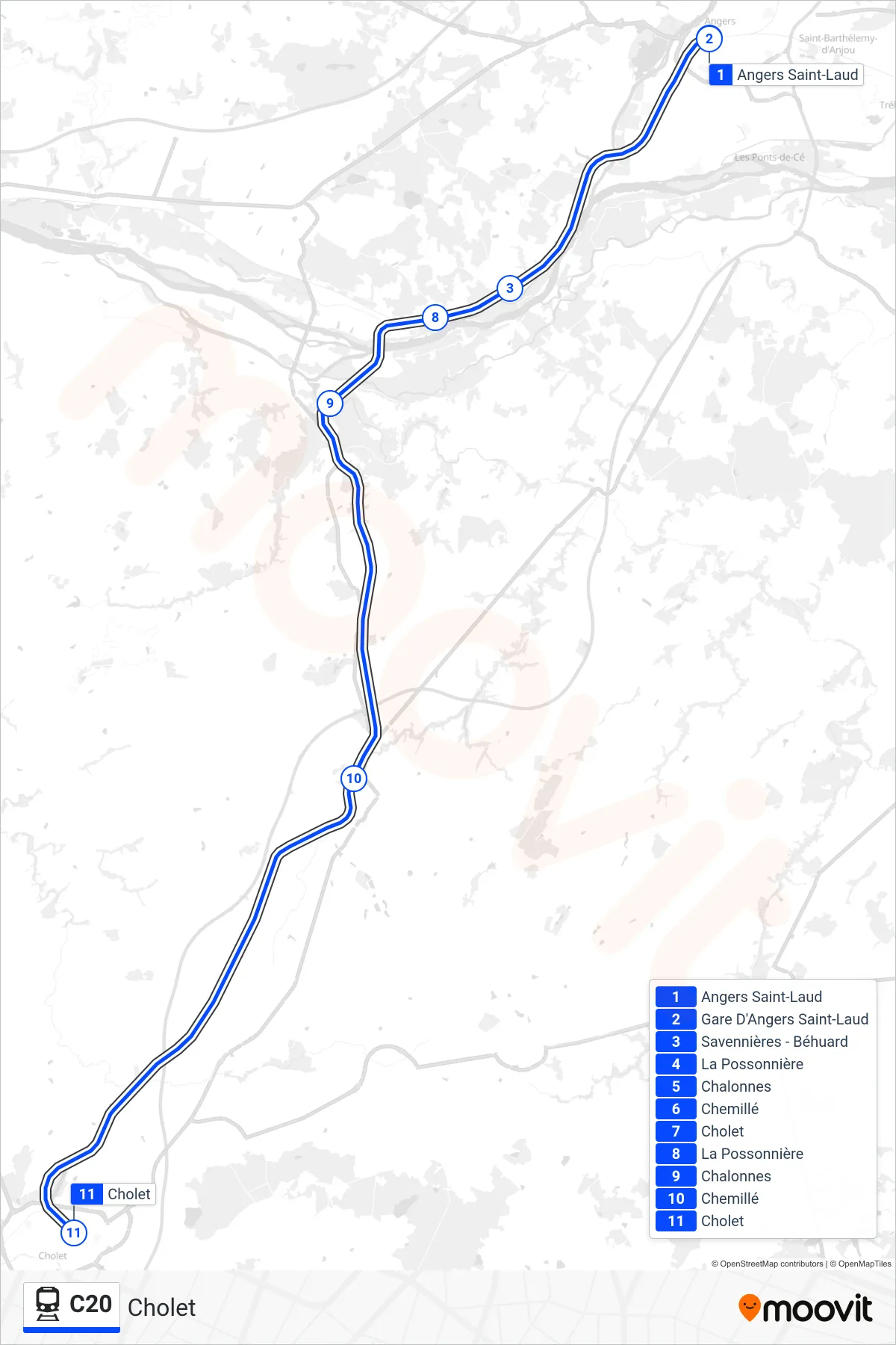 C20 rail Line (Cholet) route and stops on a map