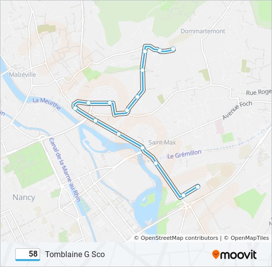 Plan de la ligne 58 de bus