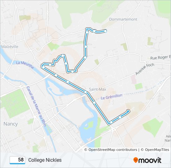 Plan de la ligne 58 de bus