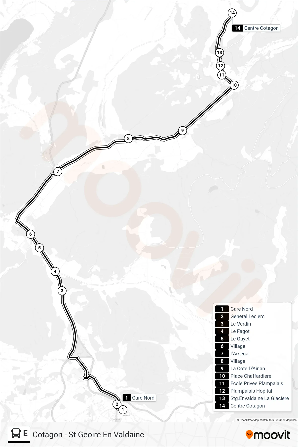E bus Line (Cotagon - St Geoire En Valdaine) route and stops on a map
