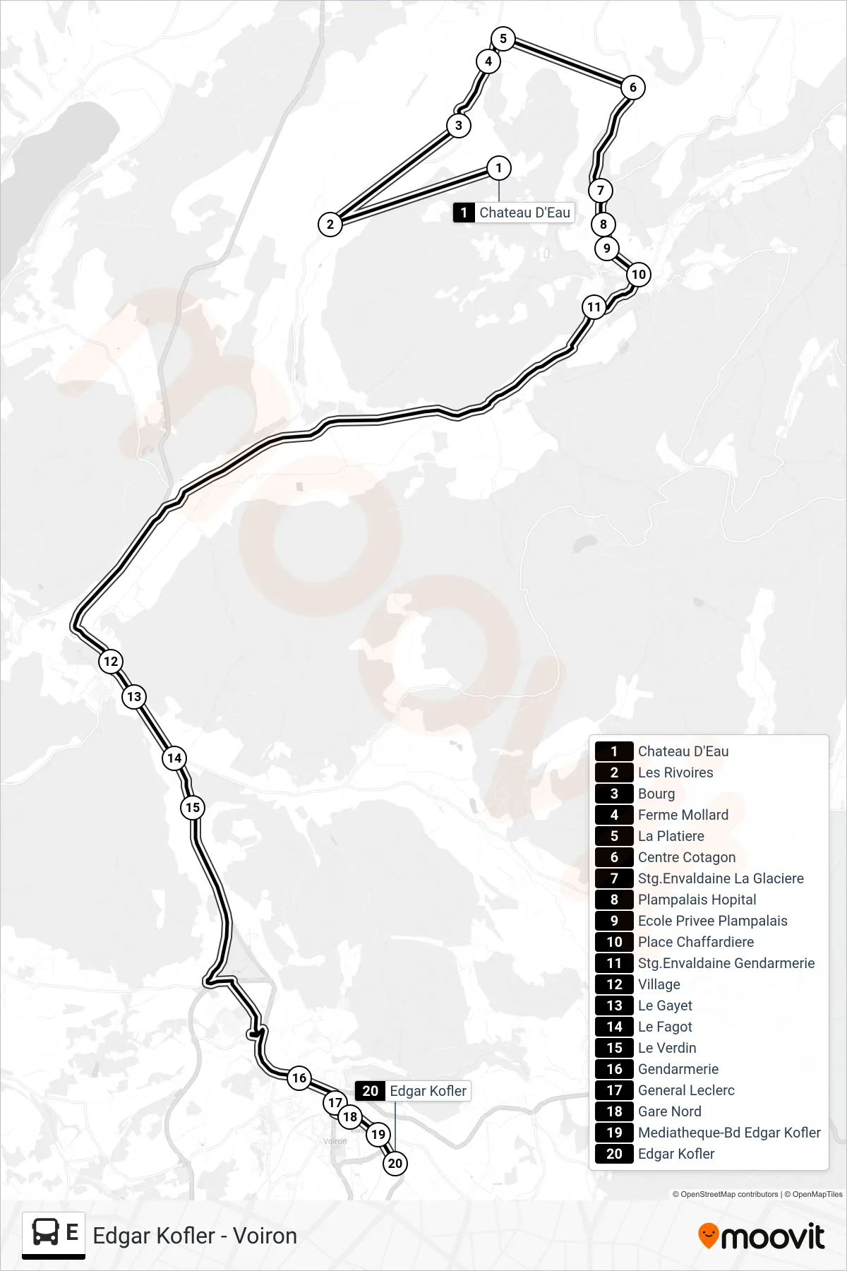 Tracé et arrêts de la ligne E de bus (Edgar Kofler - Voiron) sur une carte