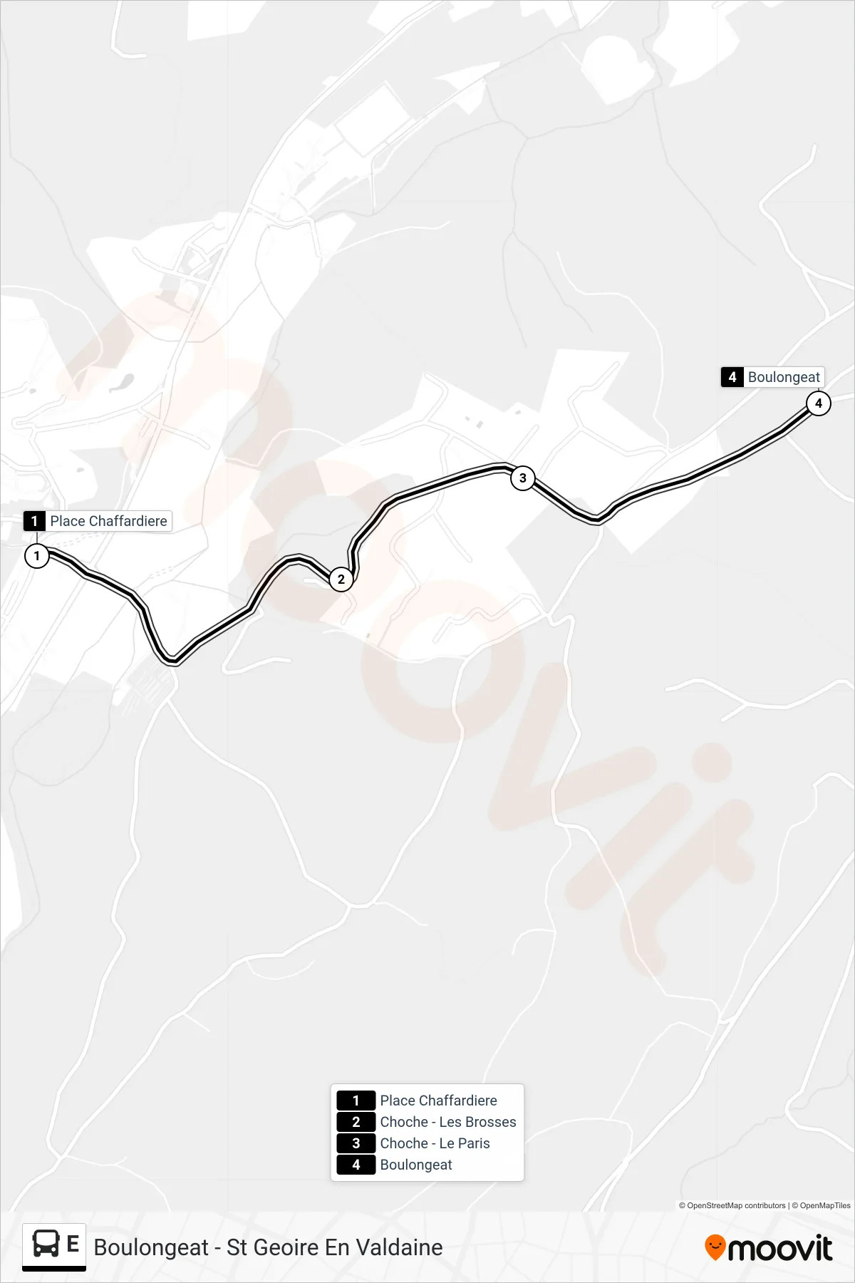 E bus Line (Boulongeat - St Geoire En Valdaine) route and stops on a map