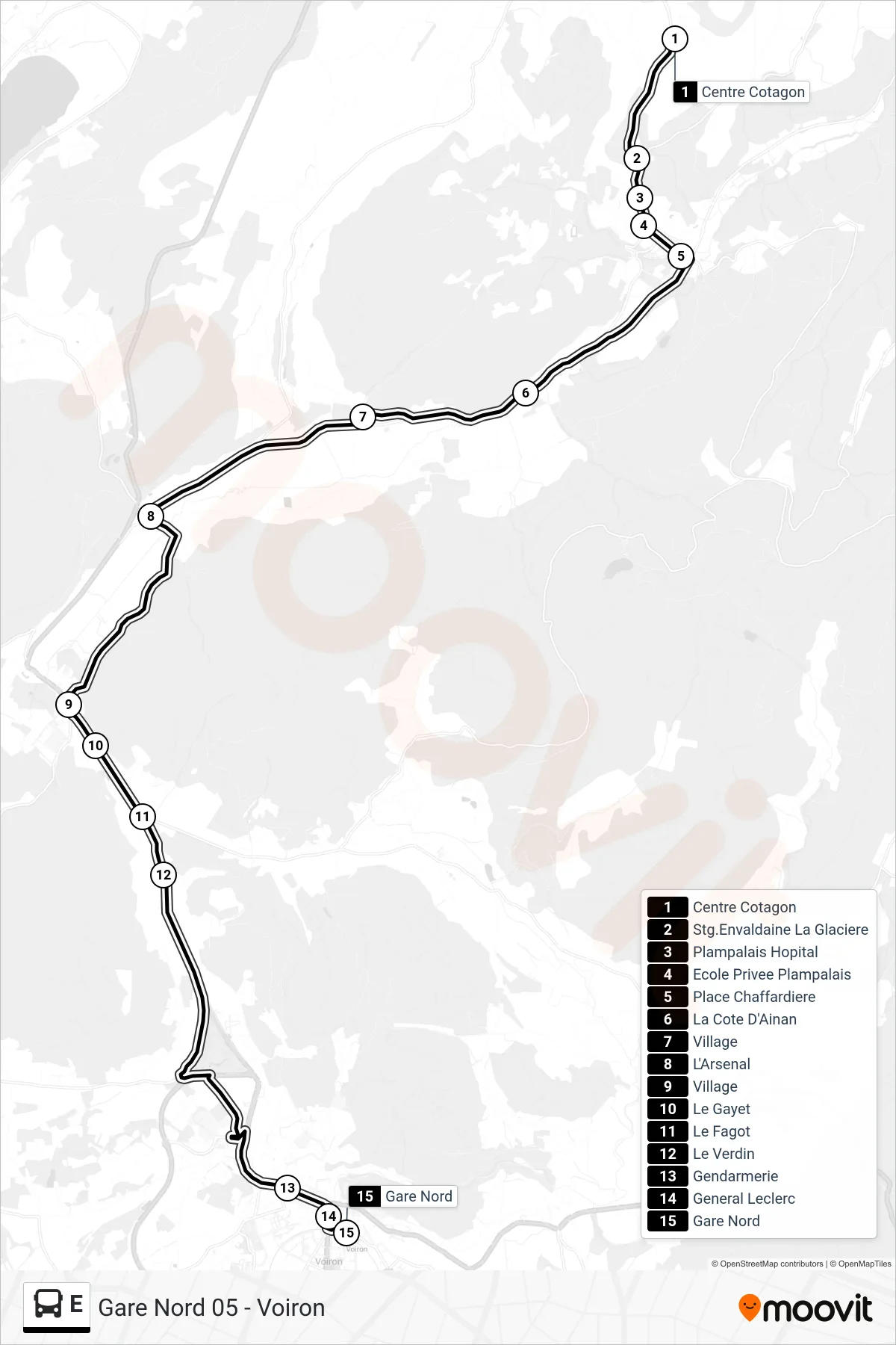 E bus Line (Gare Nord 05 - Voiron) route and stops on a map