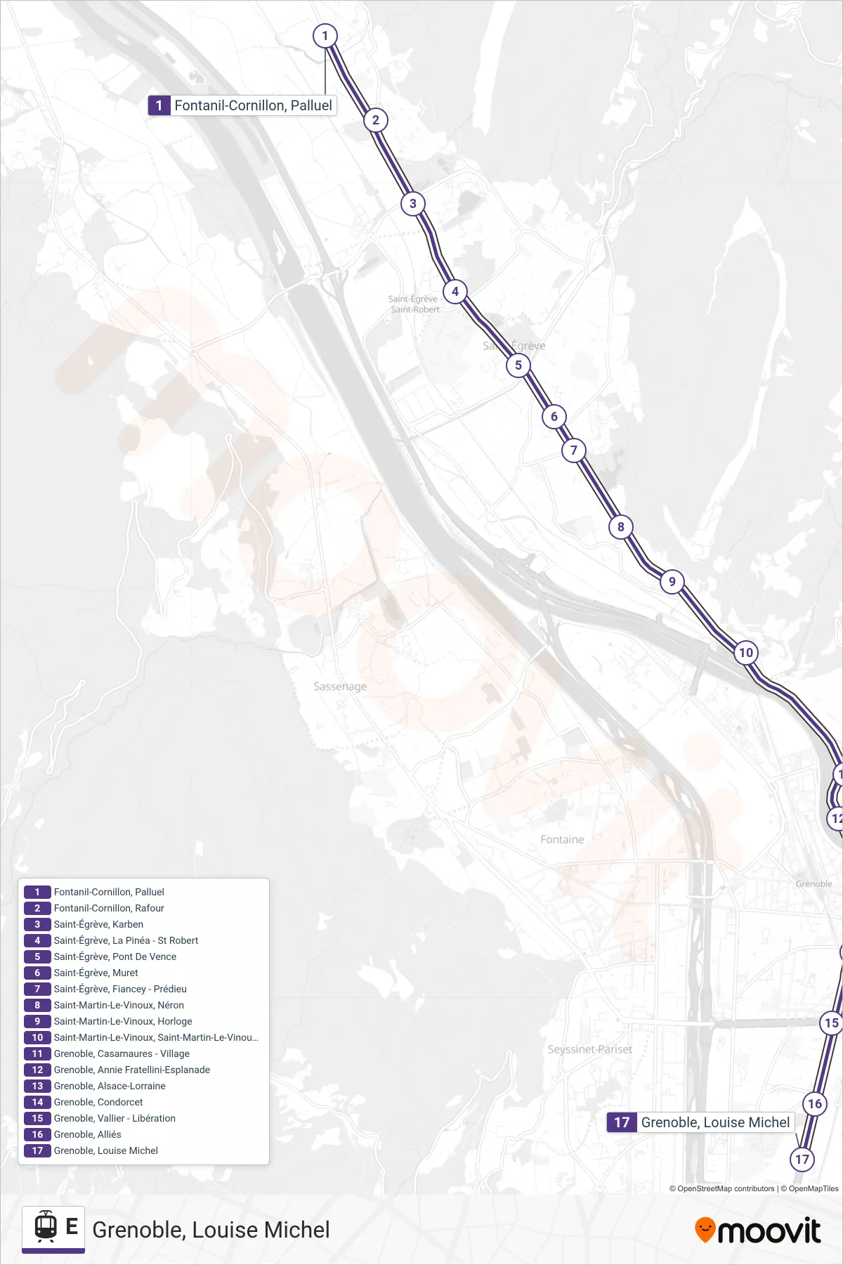 Recorrido y paradas de la línea E de tranvía (Grenoble, Louise Michel) en el mapa