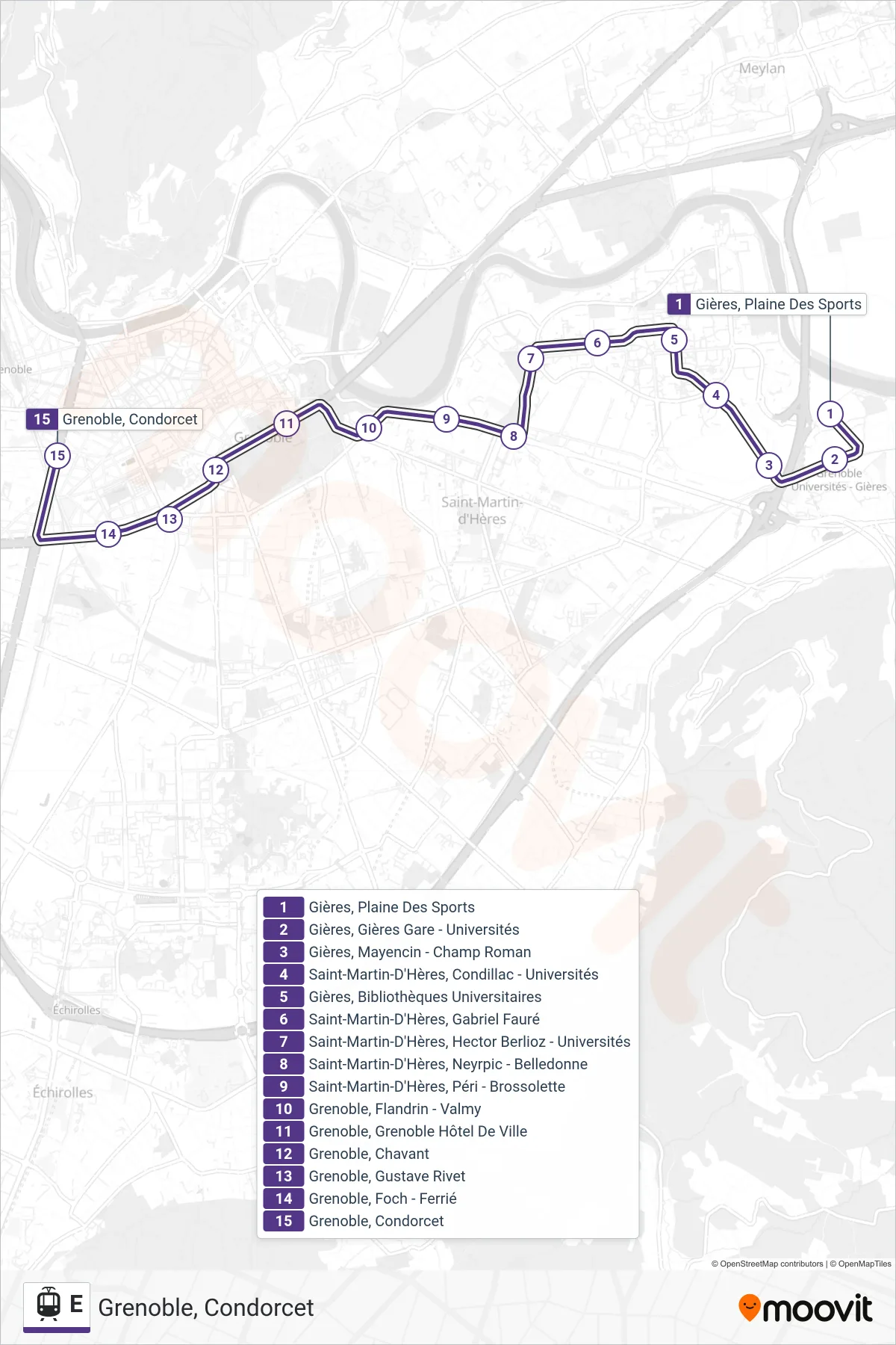 Tracé et arrêts de la ligne E de tram (Grenoble, Condorcet) sur une carte