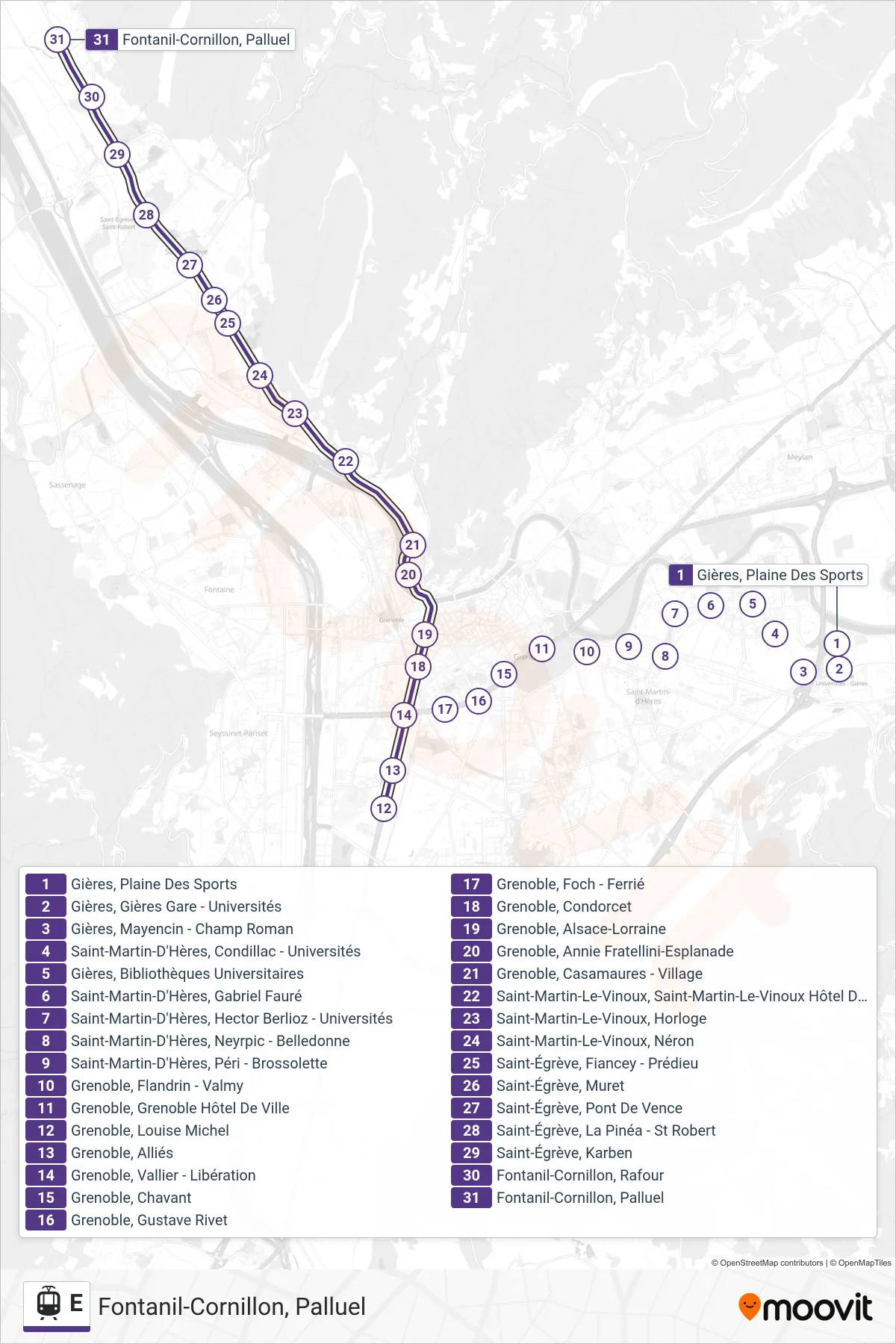 Tracé et arrêts de la ligne E de tram (Fontanil-Cornillon, Palluel) sur une carte
