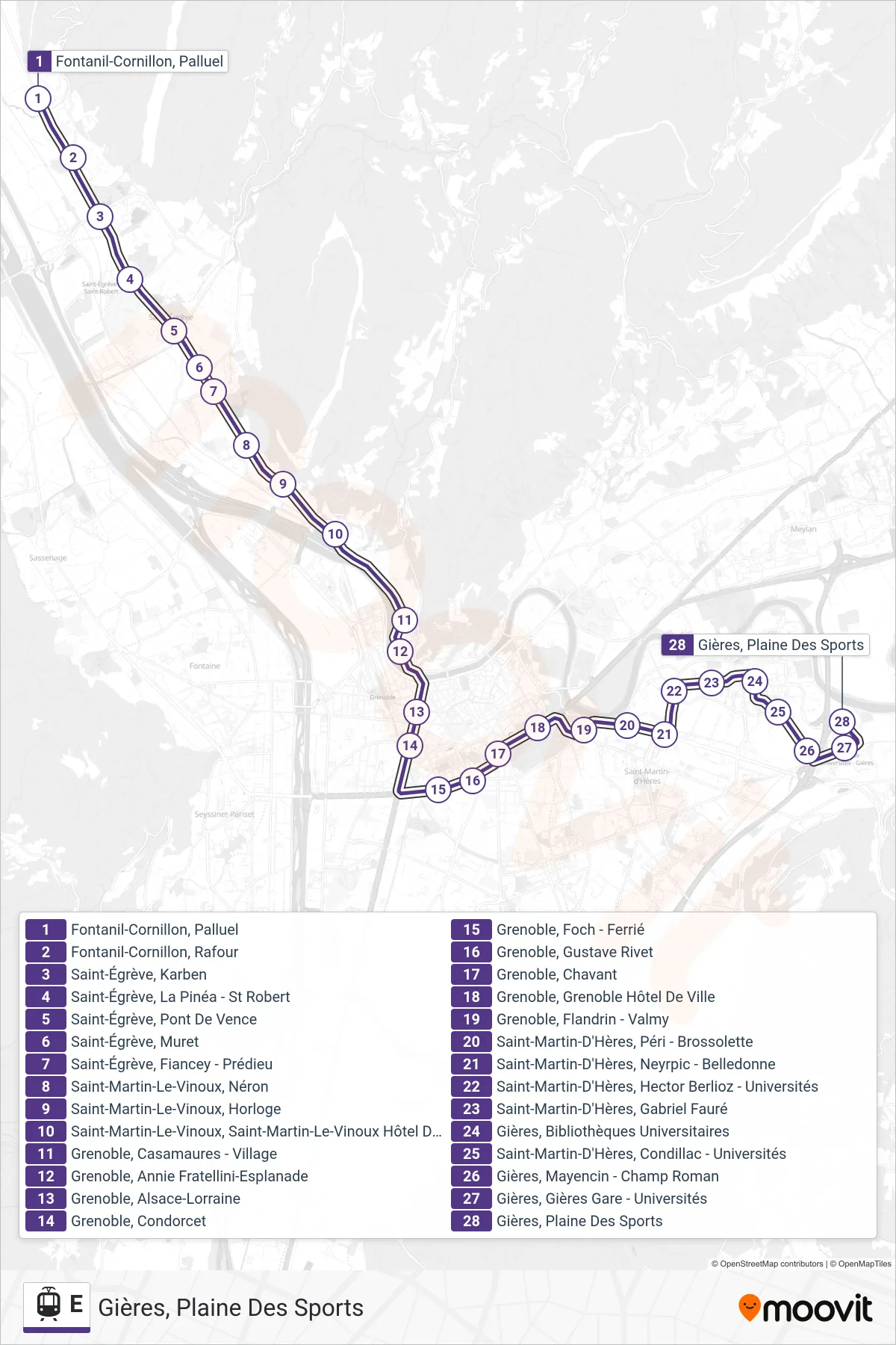 Tracé et arrêts de la ligne E de tram (Gières, Plaine Des Sports) sur une carte