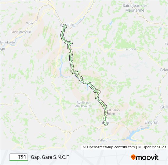 Plan de la ligne T91 de bus