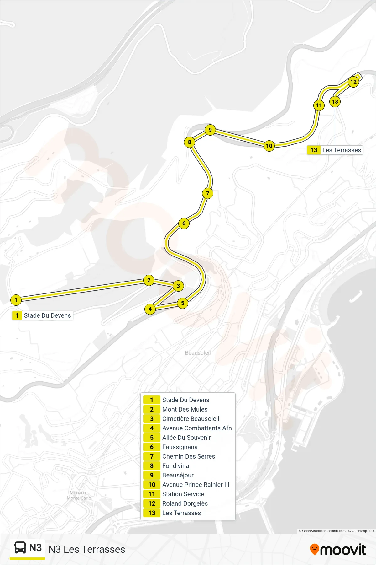N3 bus Line (N3 Les Terrasses) route and stops on a map