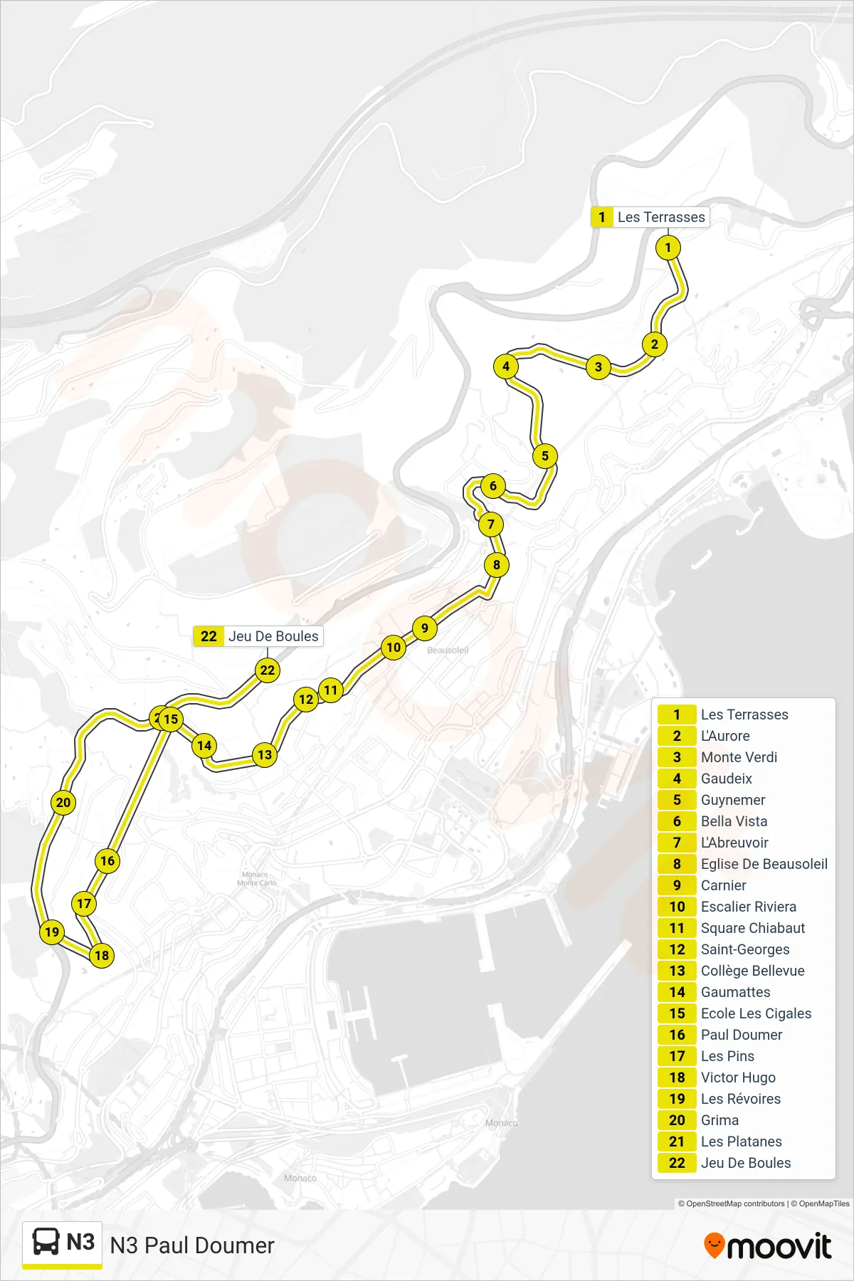 N3 bus Line (N3 Paul Doumer) route and stops on a map
