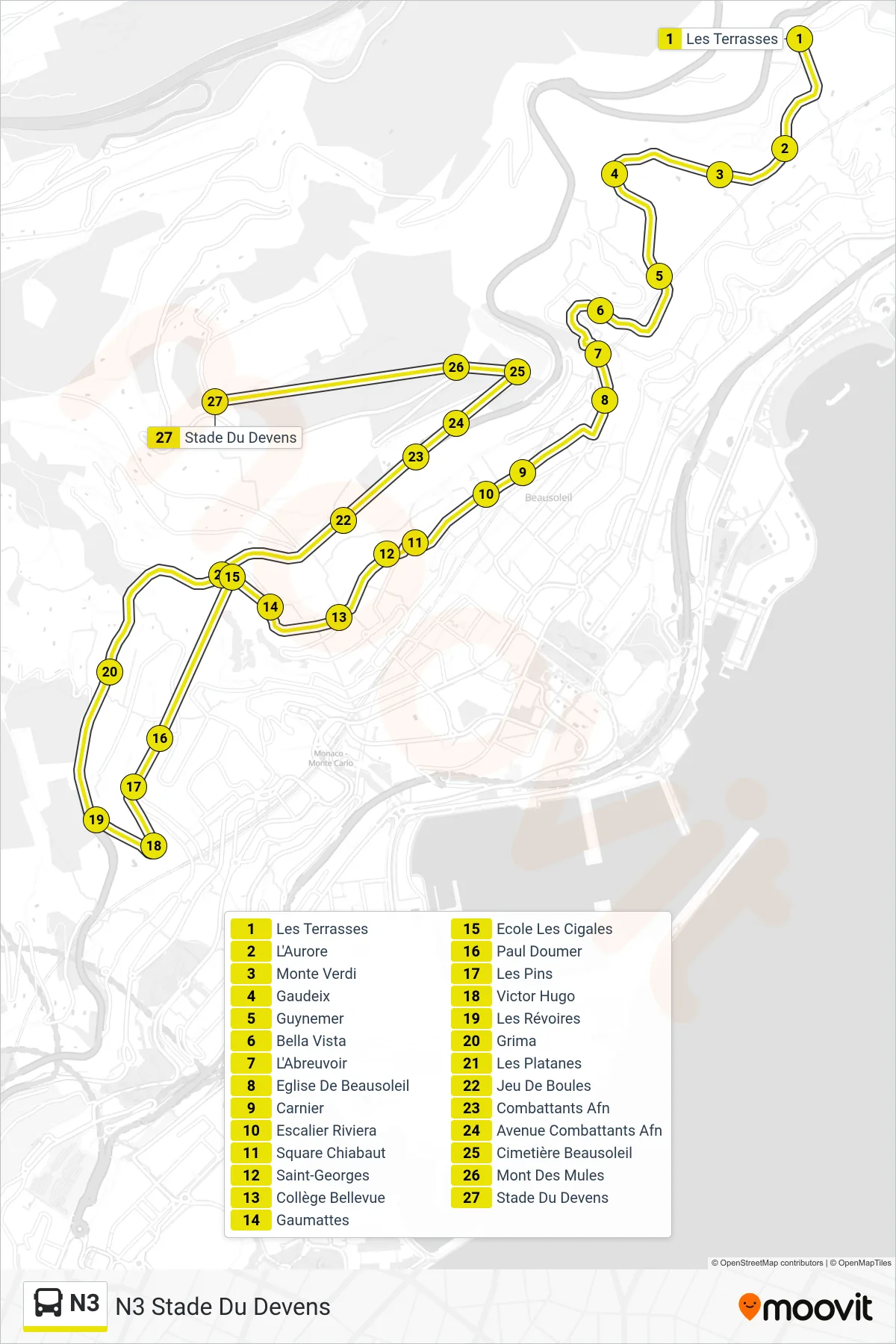 Tracé et arrêts de la ligne N3 de bus (N3 Stade Du Devens) sur une carte