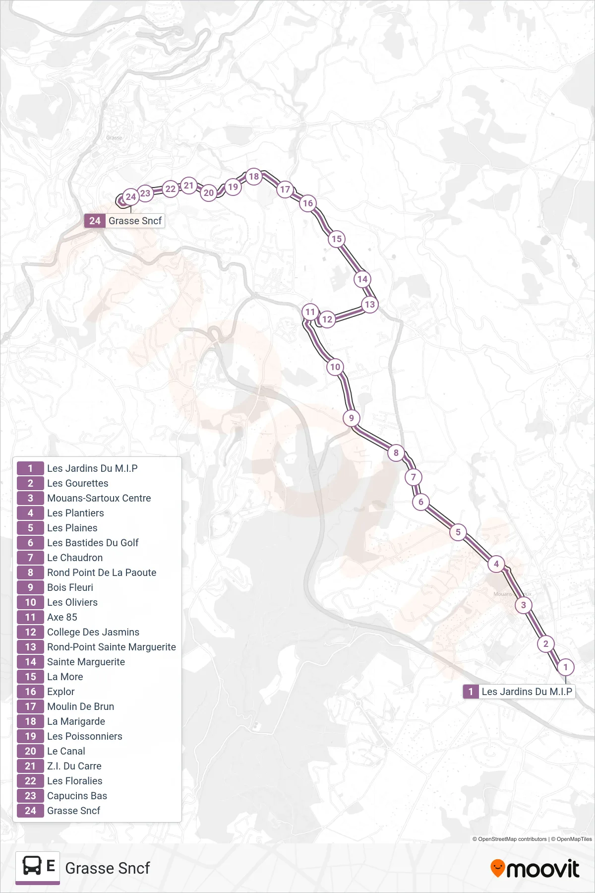 Tracé et arrêts de la ligne E de bus (Grasse Sncf) sur une carte