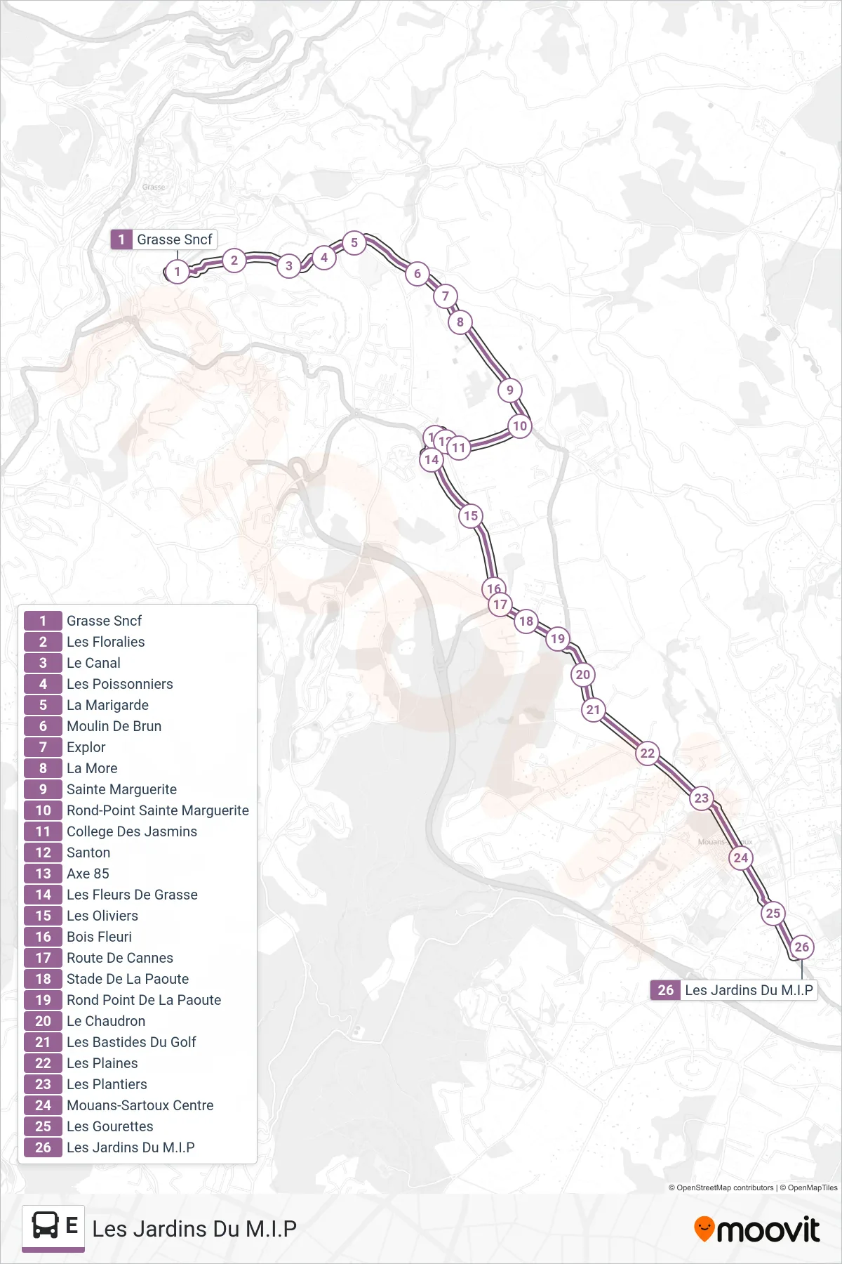 E bus Line (Les Jardins Du M.I.P) route and stops on a map