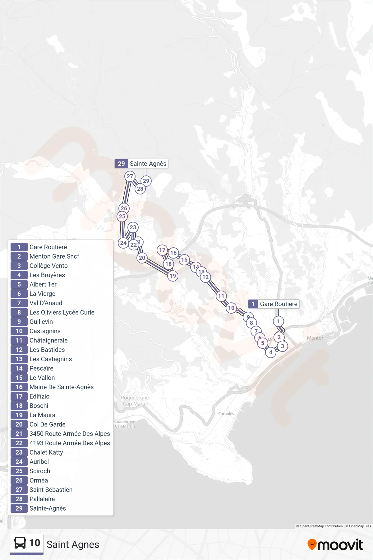 Recorrido y paradas de la línea 10 de autobús (Saint Agnes) en el mapa