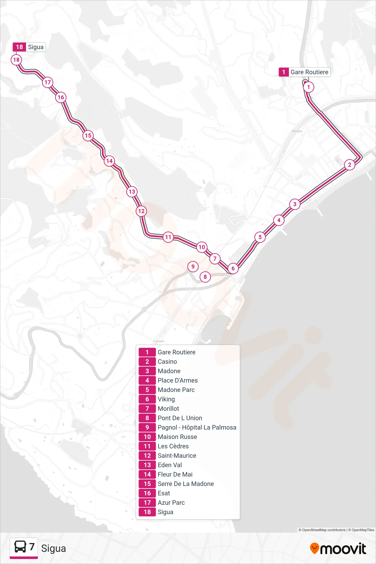 Tracé et arrêts de la ligne 7 de bus (Sigua) sur une carte