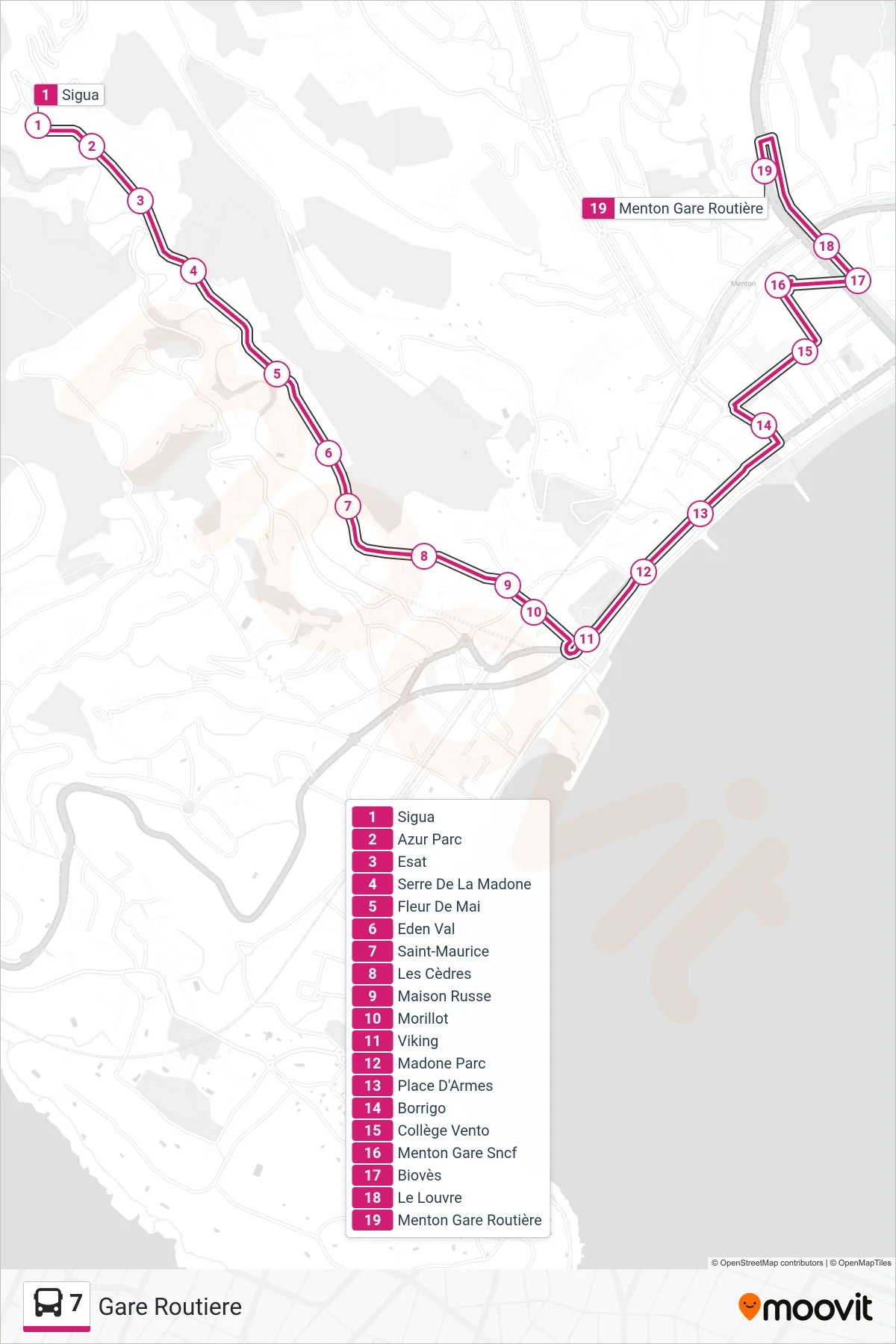 Tracé et arrêts de la ligne 7 de bus (Gare Routiere) sur une carte