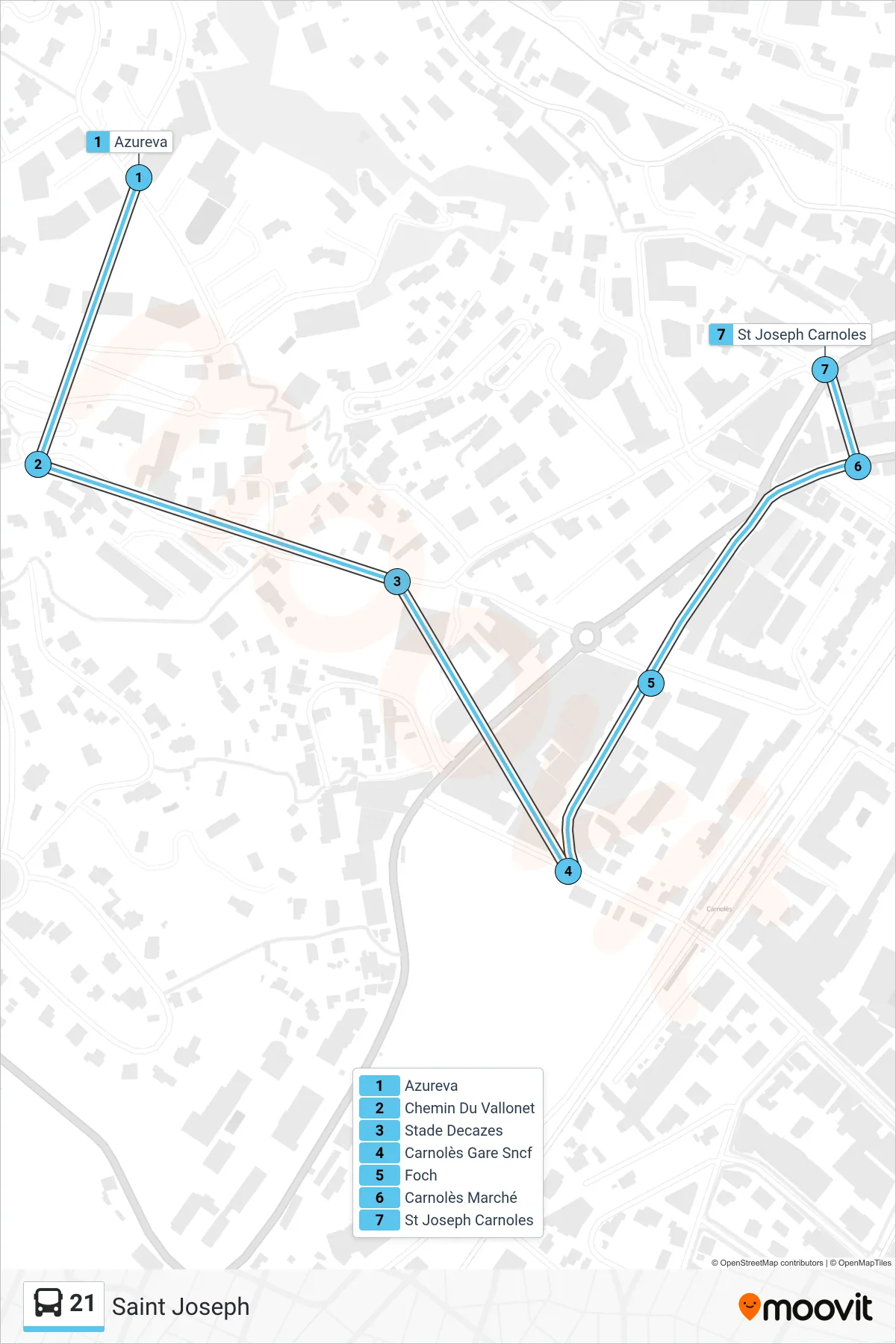 Recorrido y paradas de la línea 21 de autobús (Saint Joseph) en el mapa