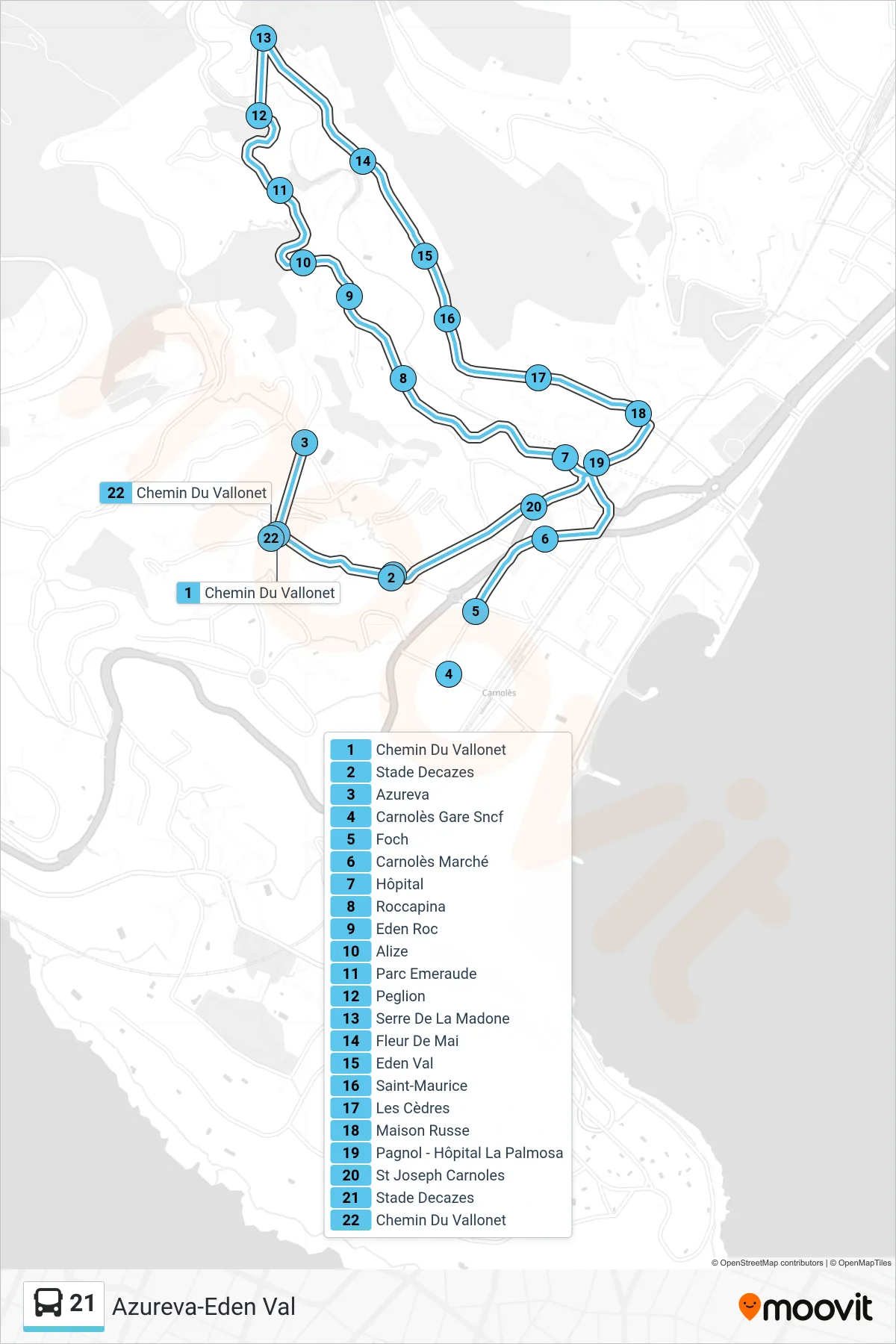 Tracé et arrêts de la ligne 21 de bus (Azureva-Eden Val) sur une carte