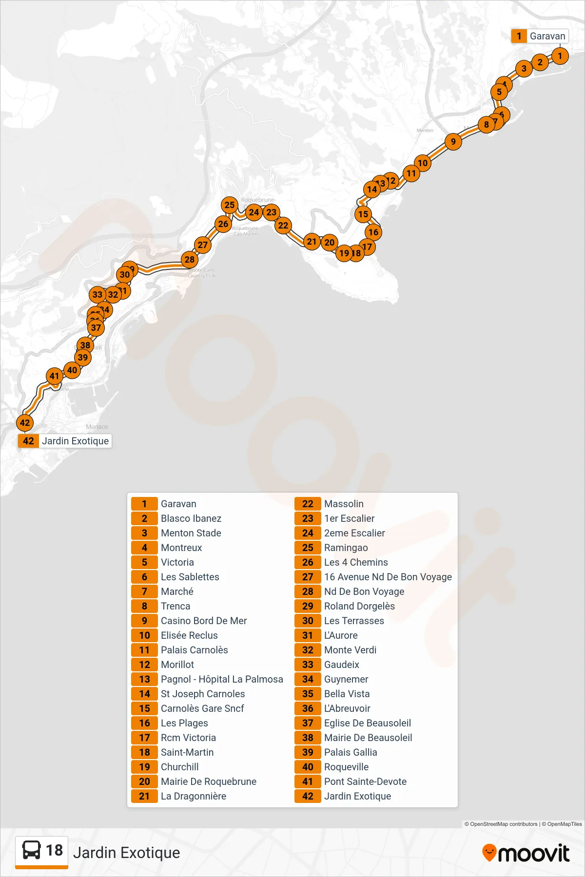 Recorrido y paradas de la línea 18 de autobús (Jardin Exotique) en el mapa