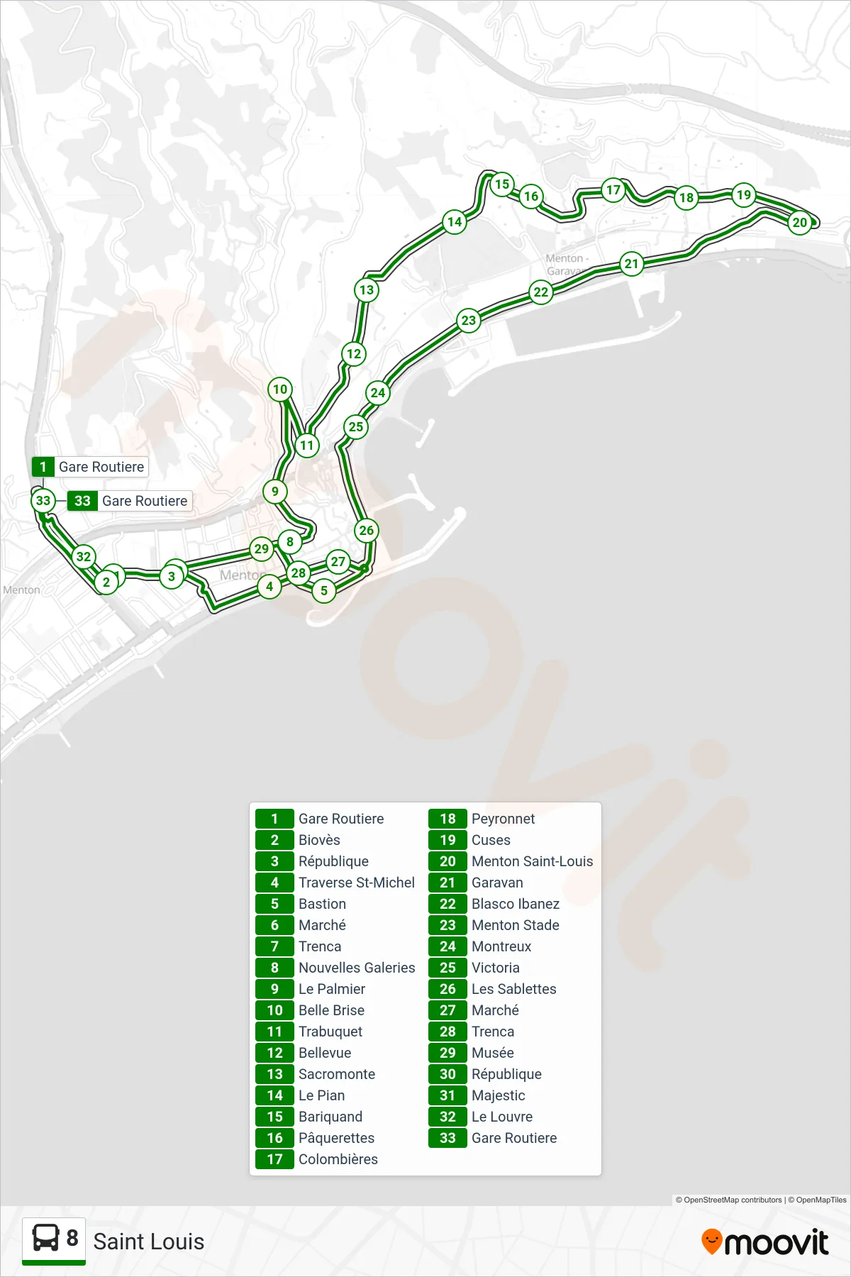 Tracé et arrêts de la ligne 8 de bus (Saint Louis) sur une carte