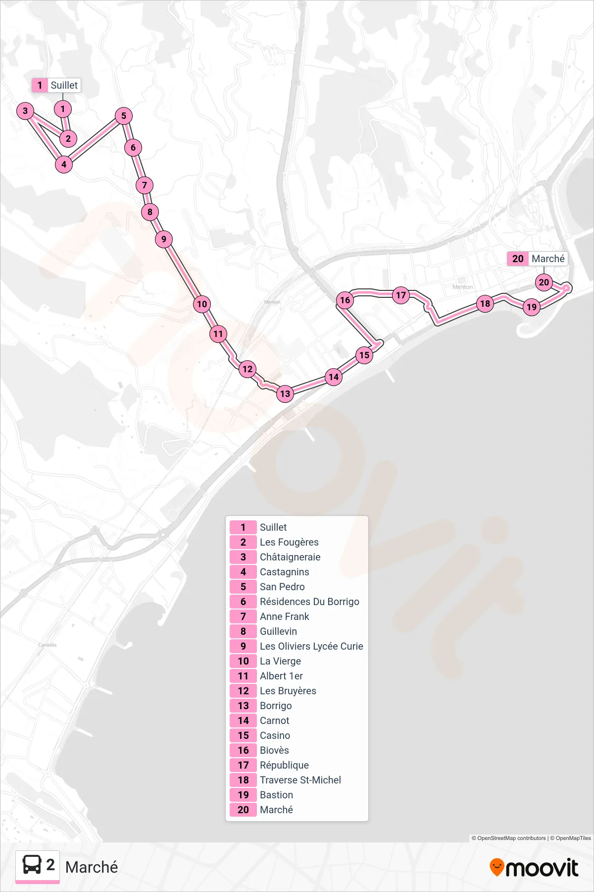 Recorrido y paradas de la línea 2 de autobús (Marché) en el mapa