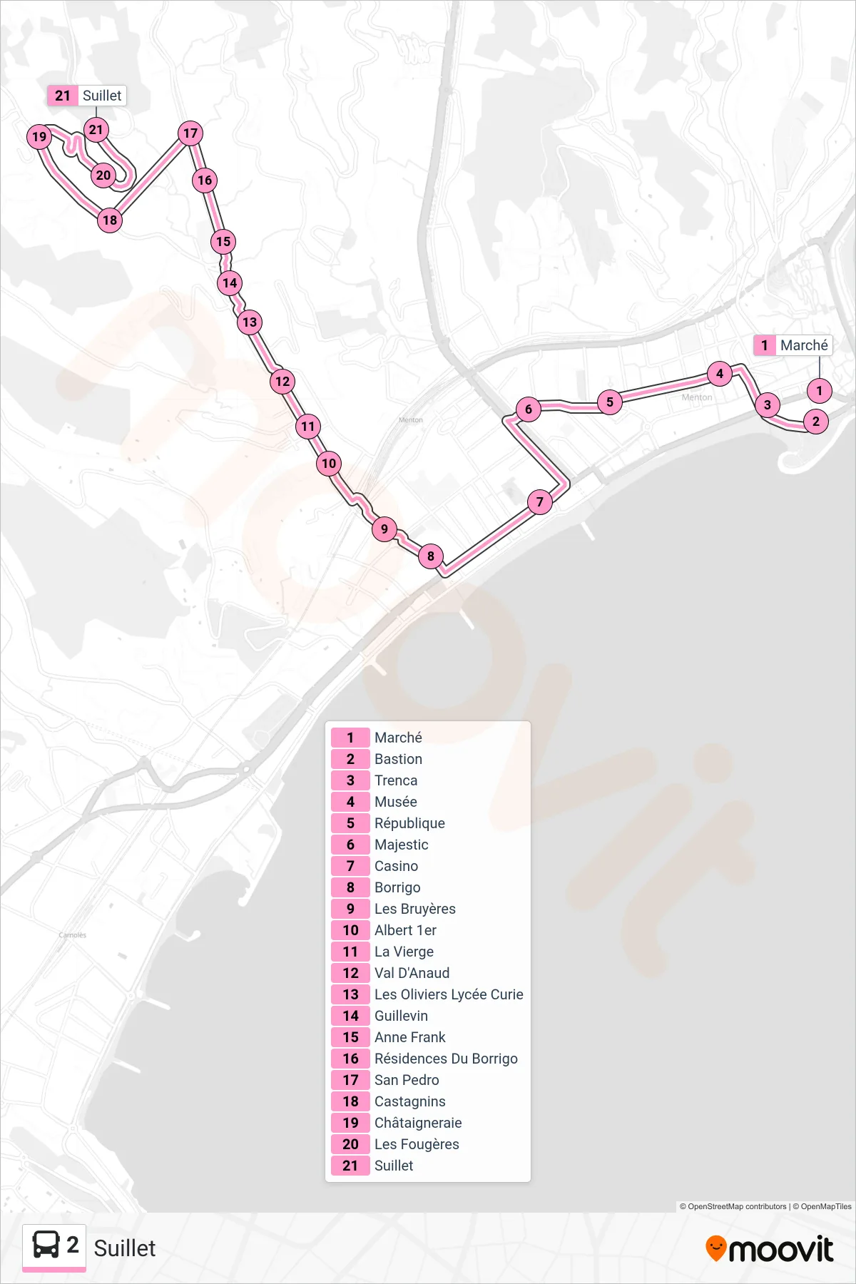 Tracé et arrêts de la ligne 2 de bus (Suillet) sur une carte