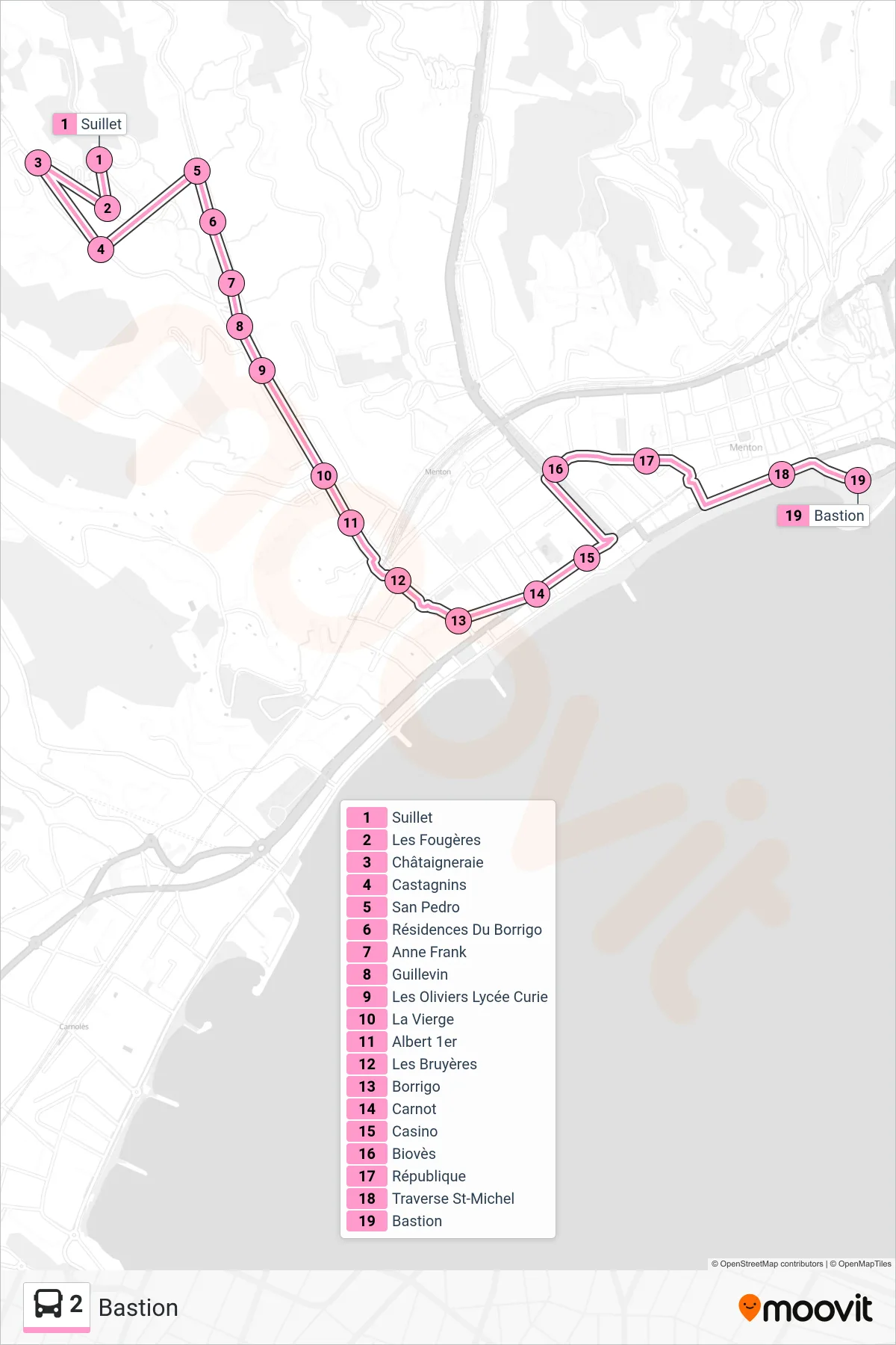 Recorrido y paradas de la línea 2 de autobús (Bastion) en el mapa