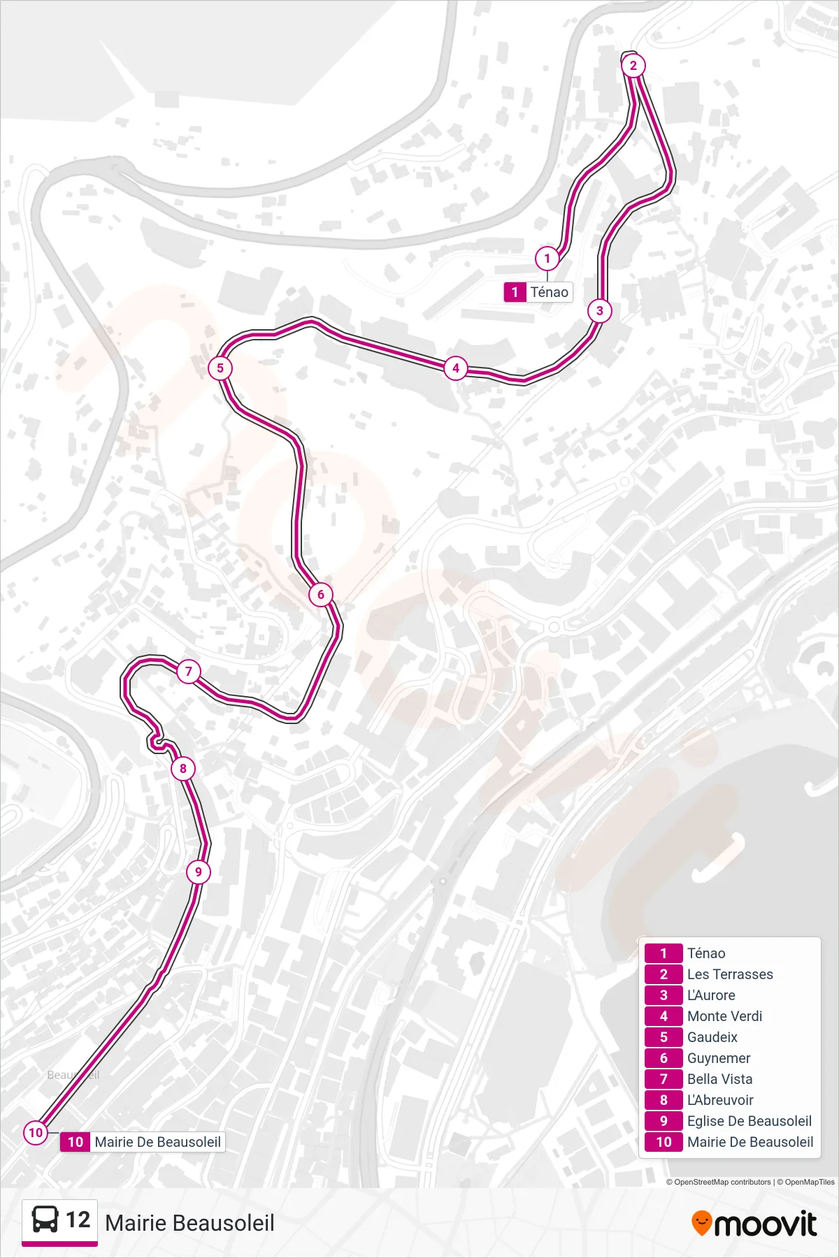 12 bus Line (Mairie Beausoleil) route and stops on a map