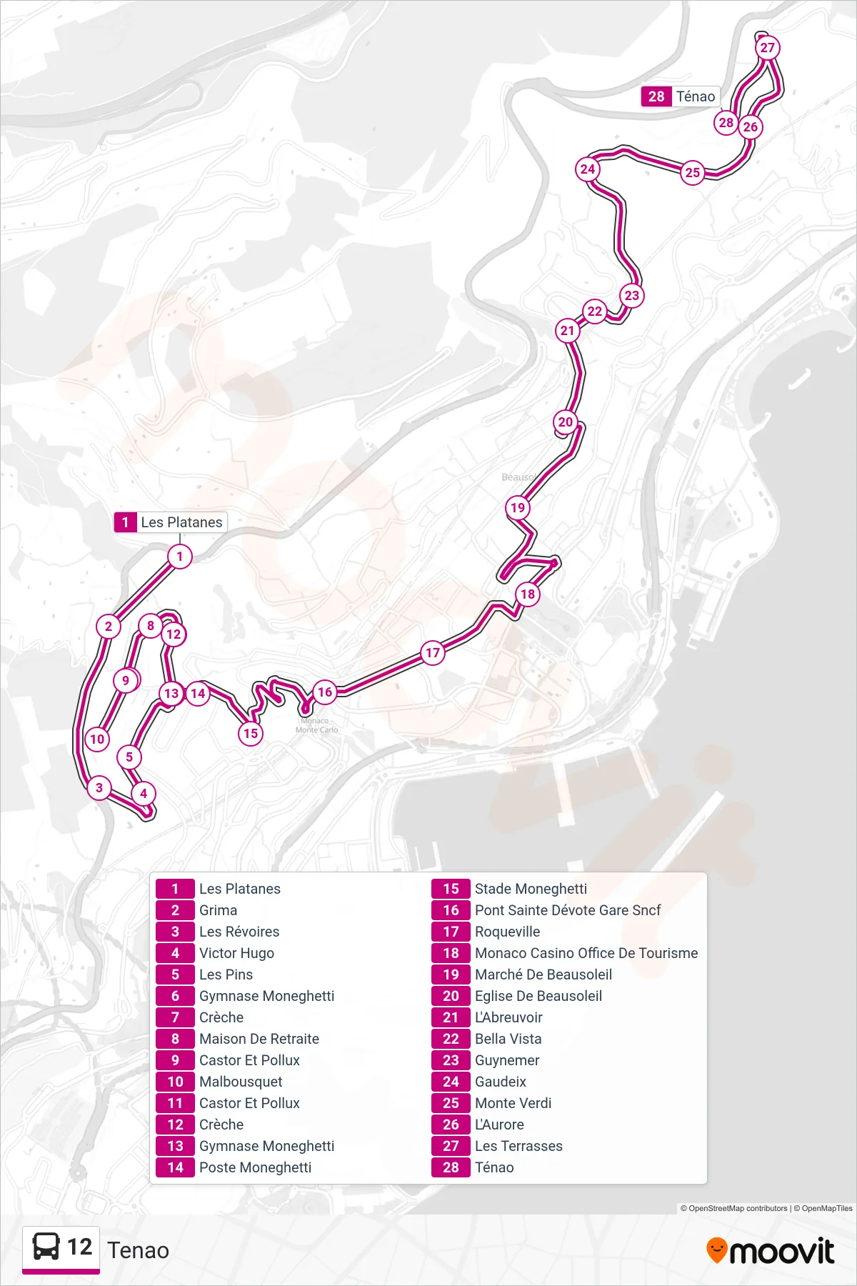 12 bus Line (Tenao) route and stops on a map