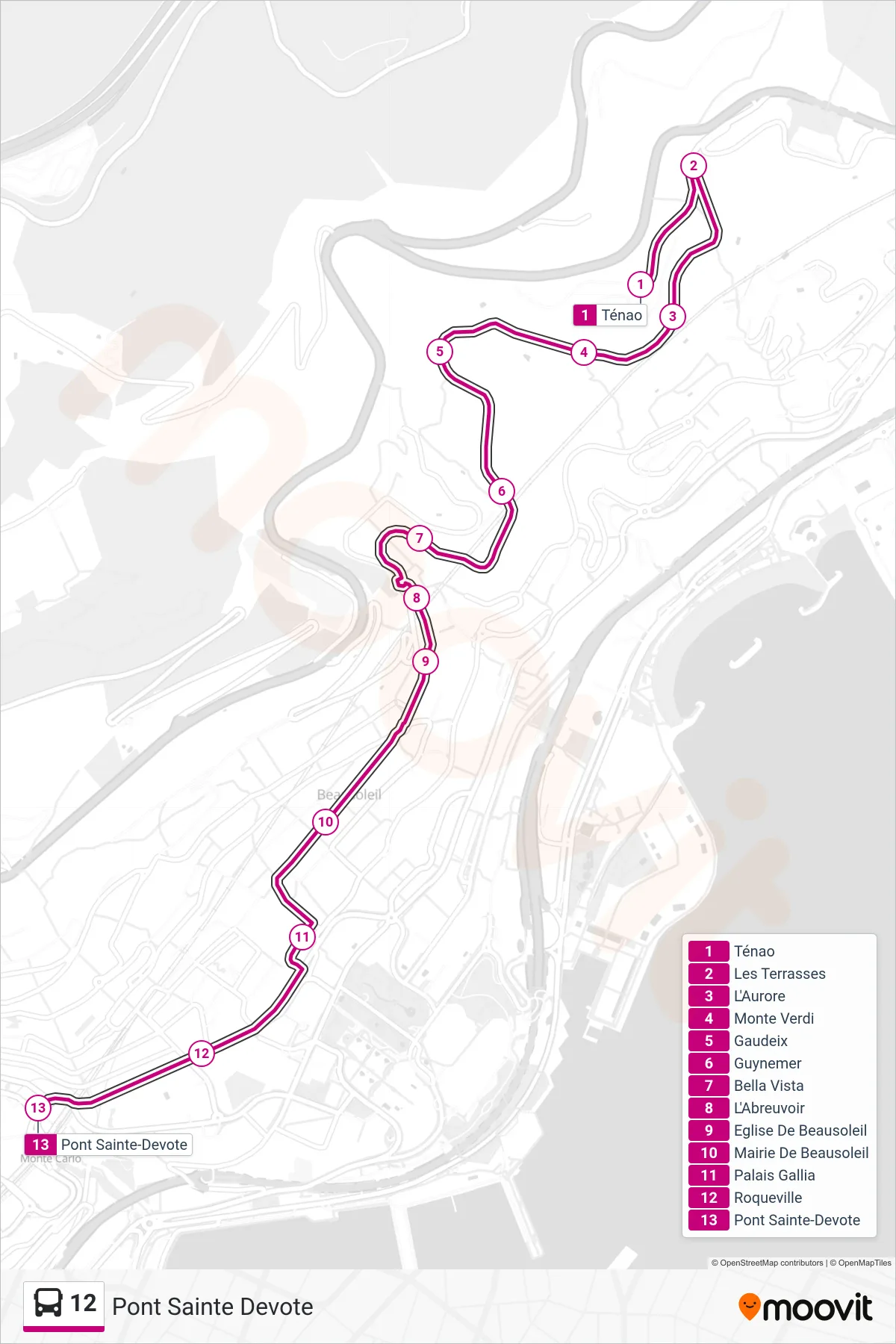 12 bus Line (Pont Sainte Devote) route and stops on a map