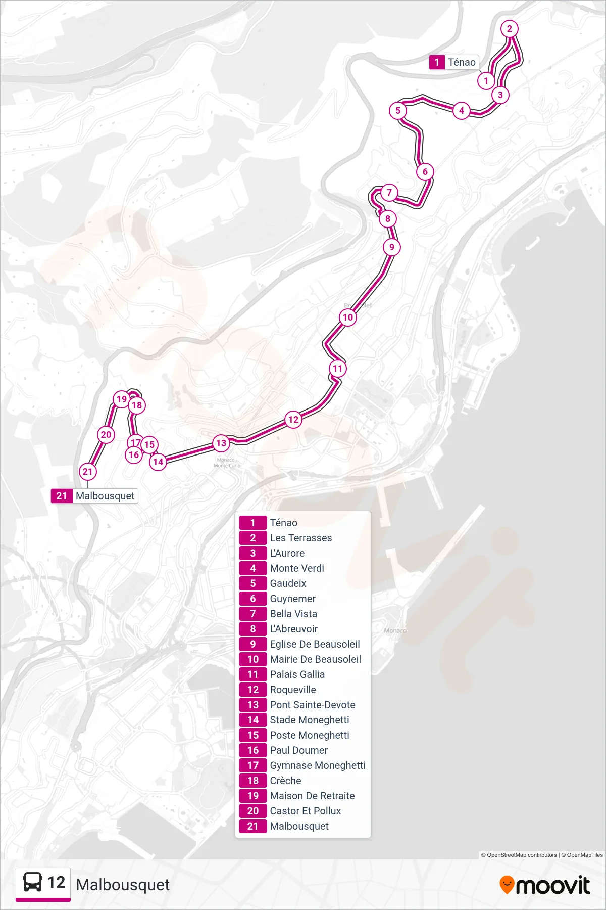 Tracé et arrêts de la ligne 12 de bus (Malbousquet) sur une carte