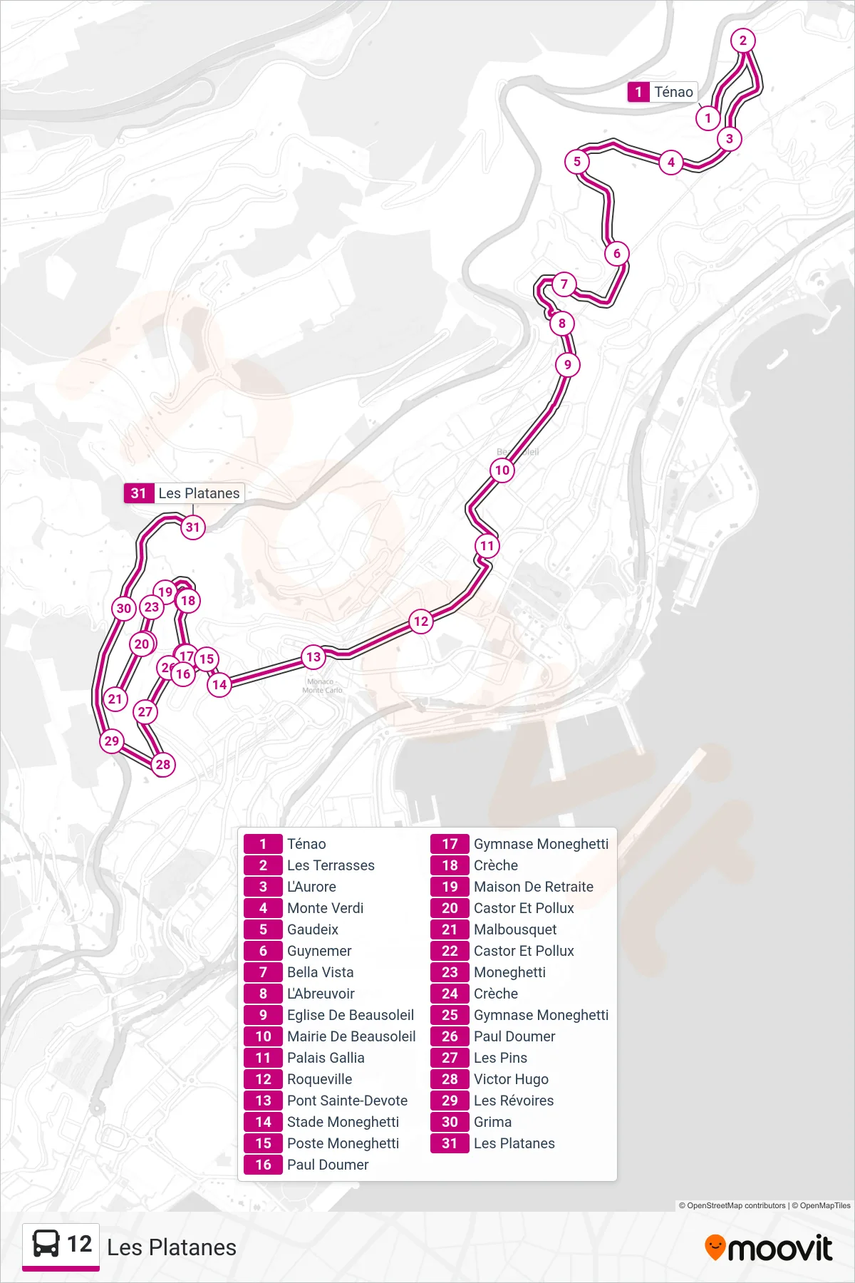 12 bus Line (Les Platanes) route and stops on a map