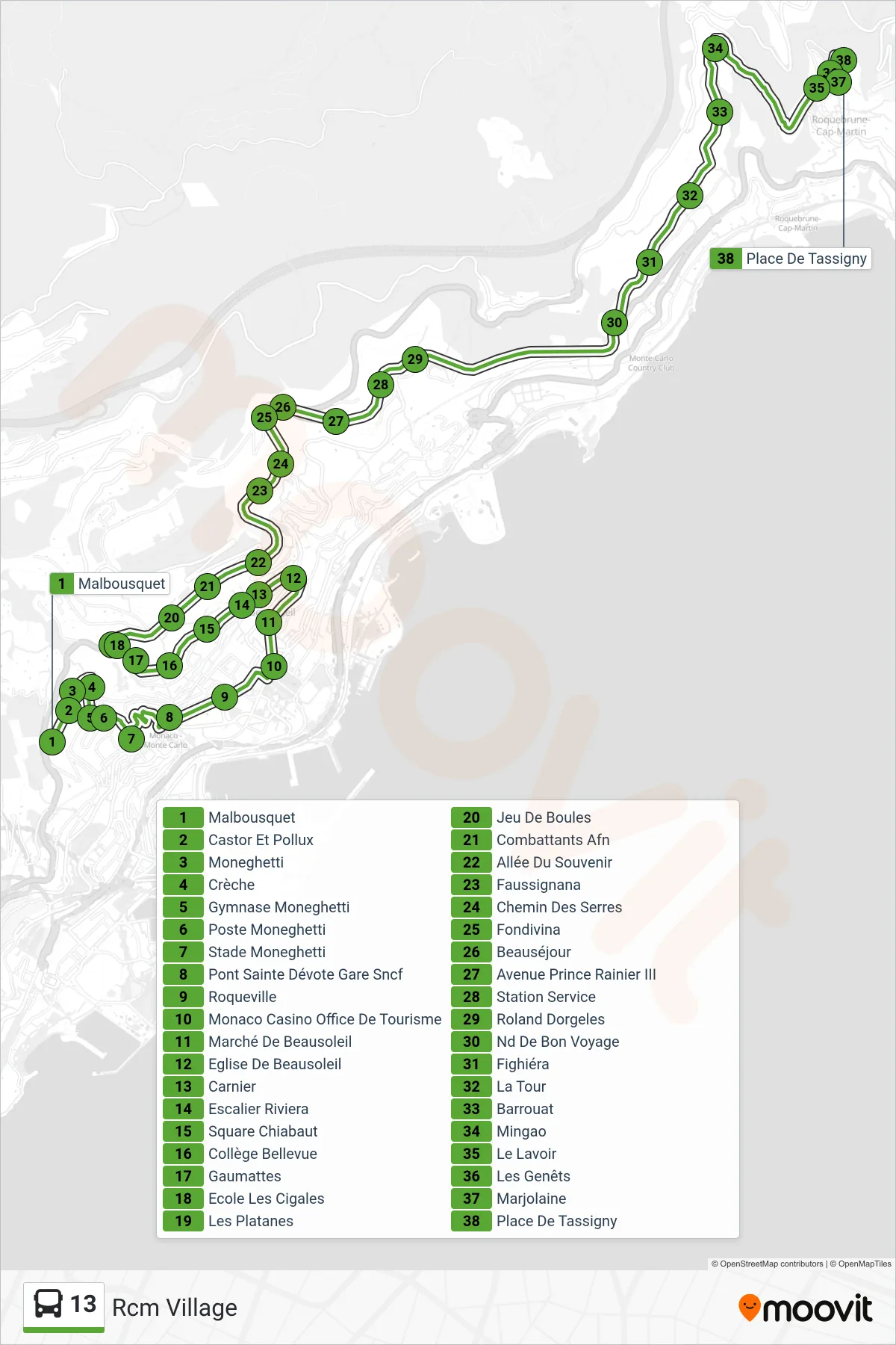 13 bus Line (Rcm Village) route and stops on a map