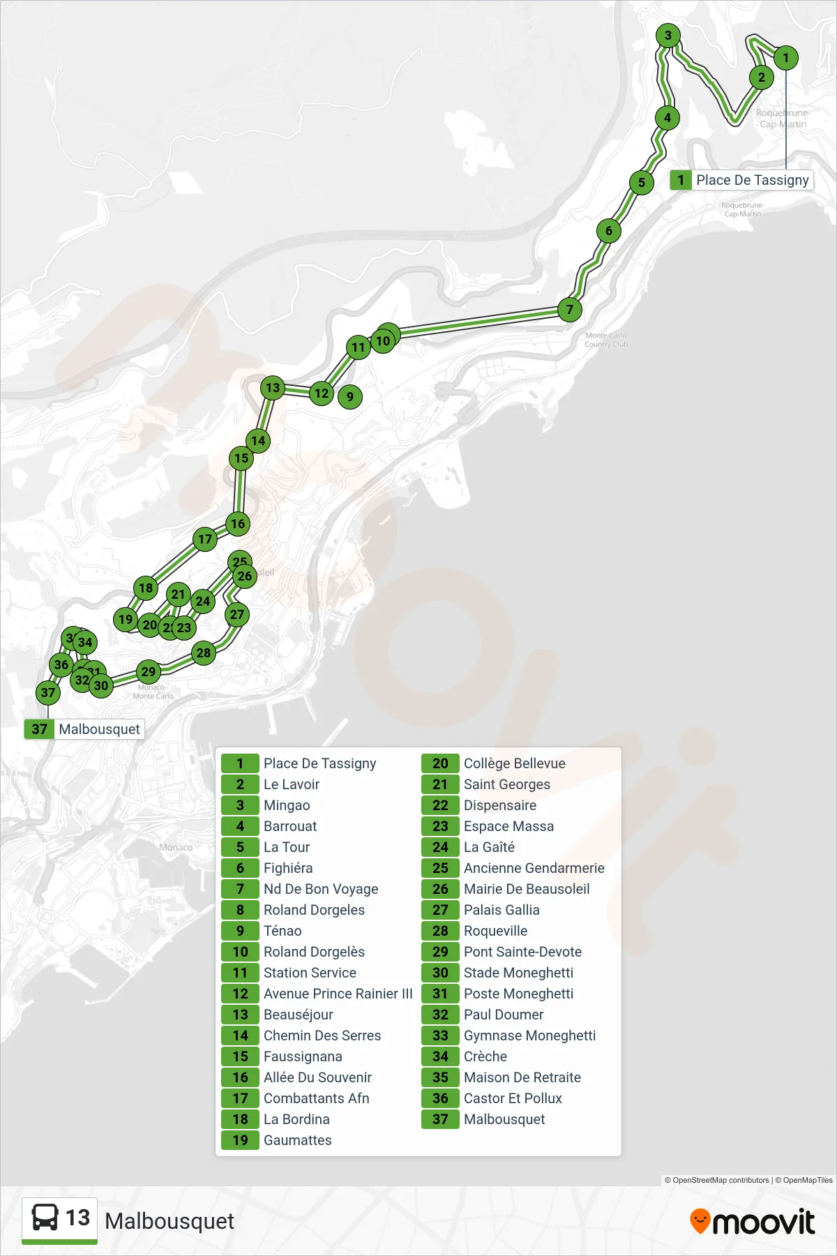 Recorrido y paradas de la línea 13 de autobús (Malbousquet) en el mapa
