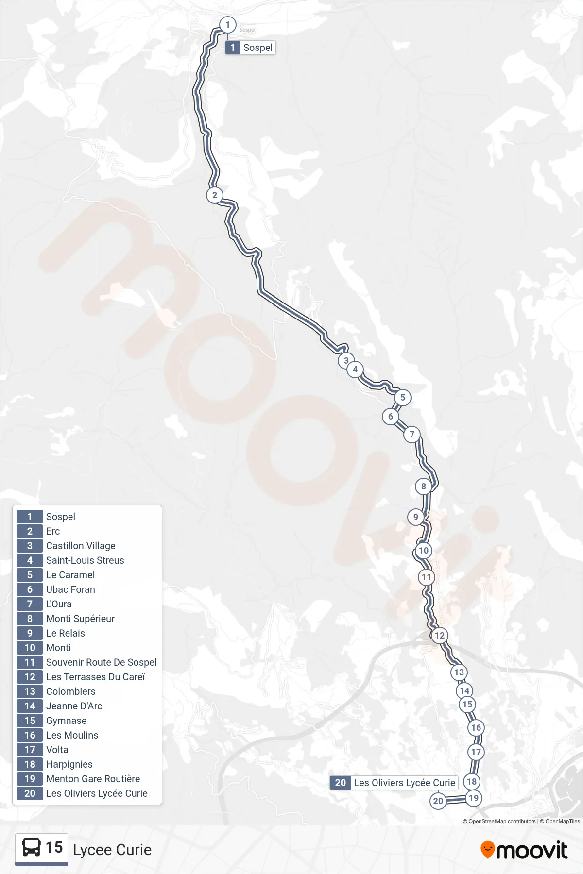 Tracé et arrêts de la ligne 15 de bus (Lycee Curie) sur une carte