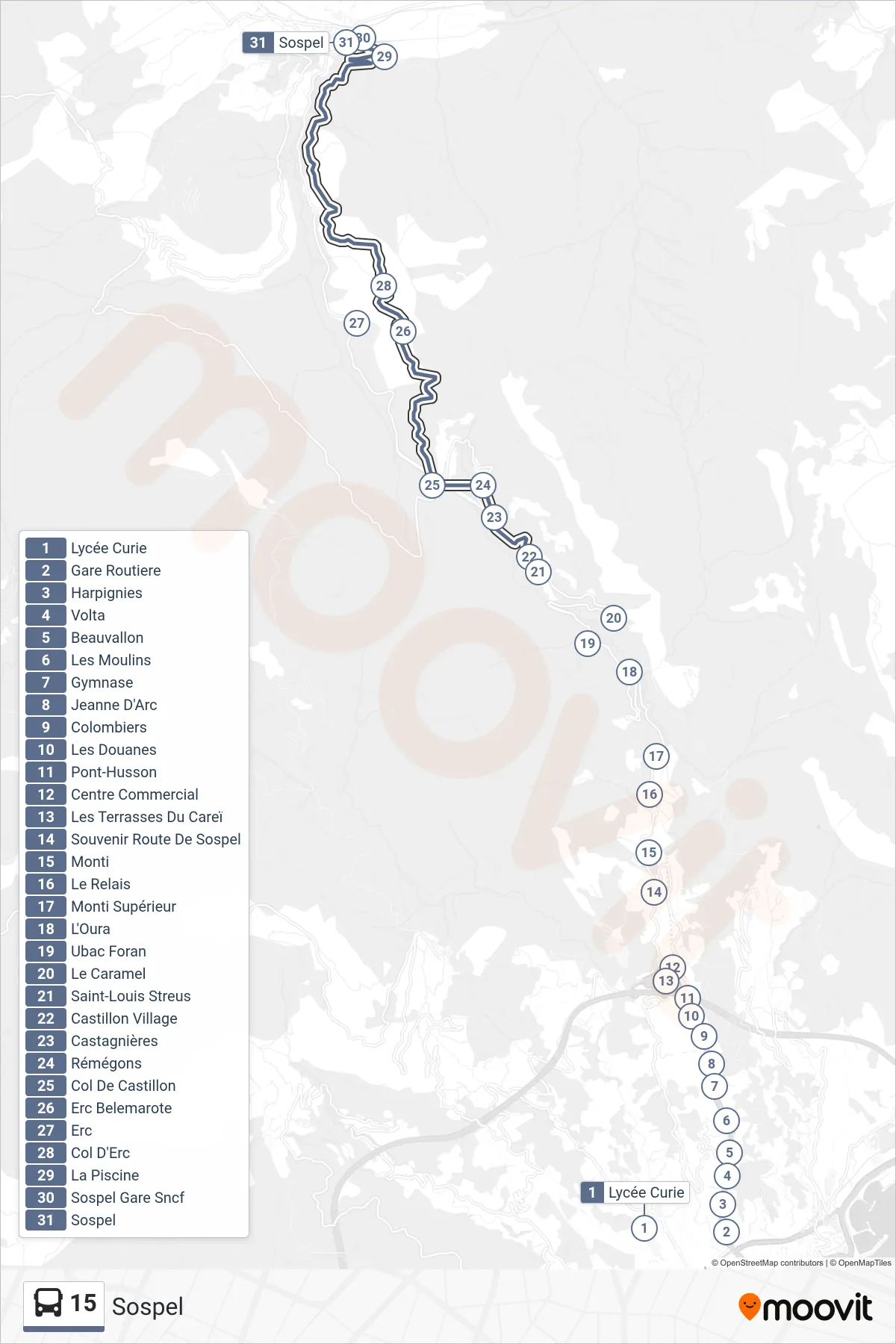 Recorrido y paradas de la línea 15 de autobús (Sospel) en el mapa