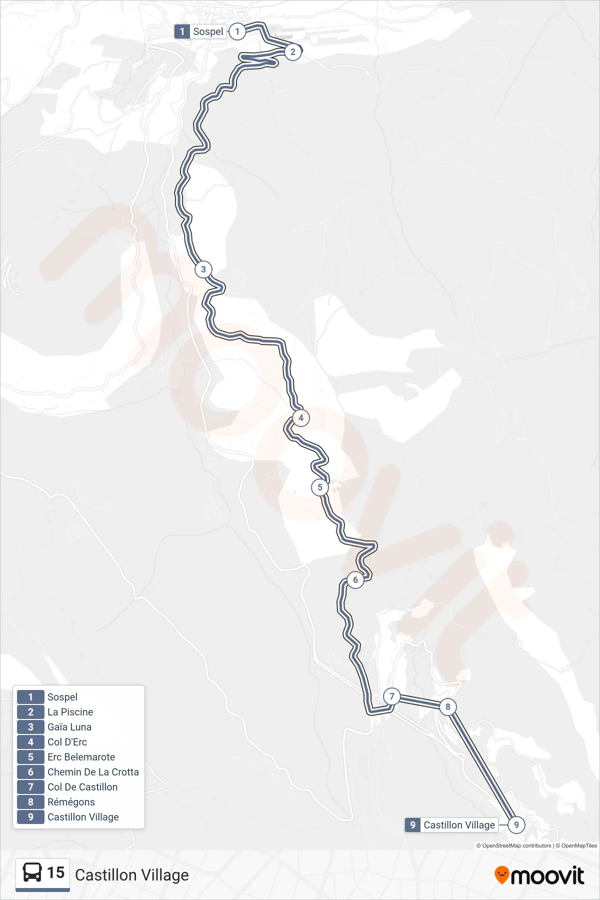 Tracé et arrêts de la ligne 15 de bus (Castillon Village) sur une carte