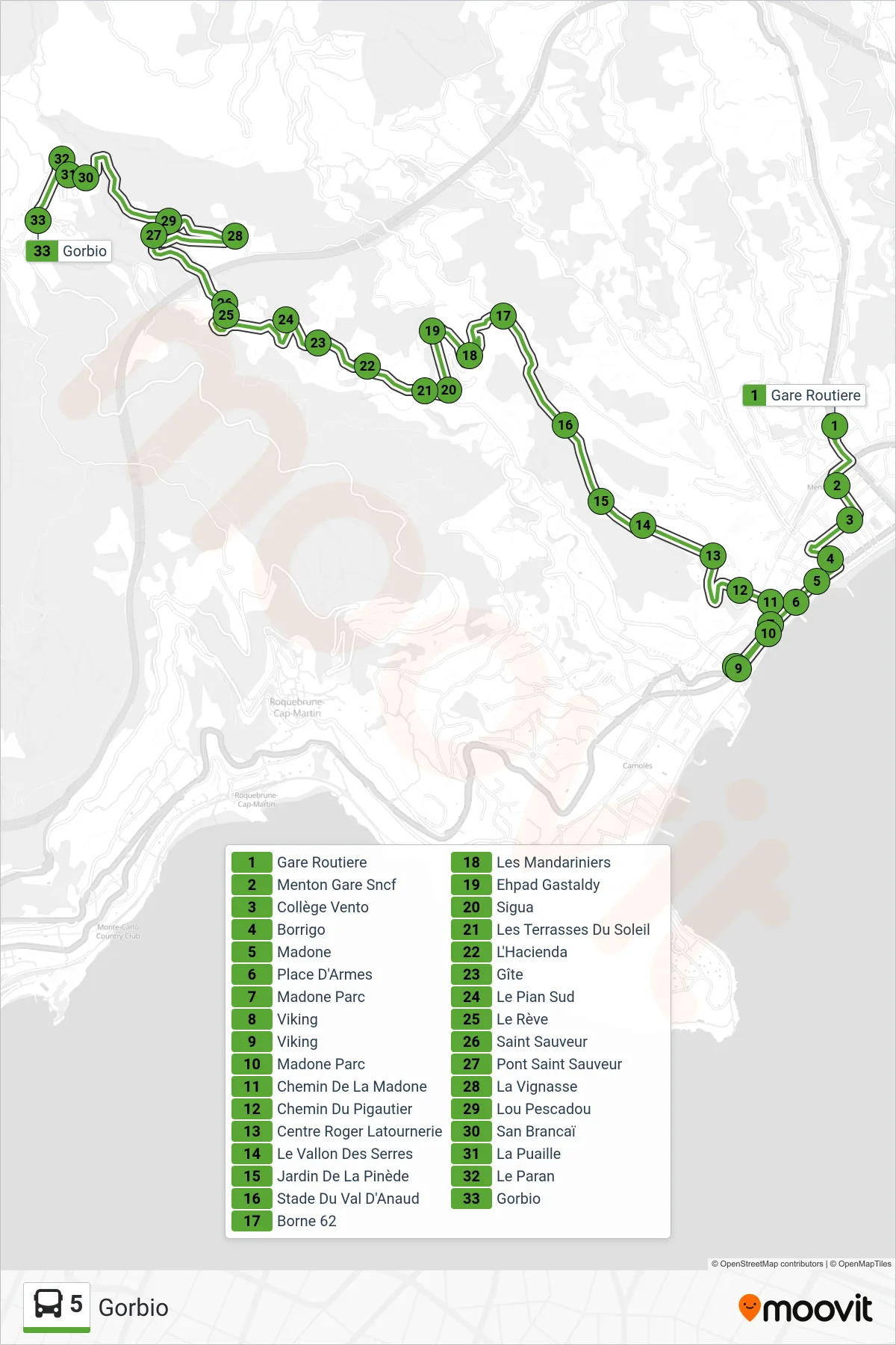 Tracé et arrêts de la ligne 5 de bus (Gorbio) sur une carte