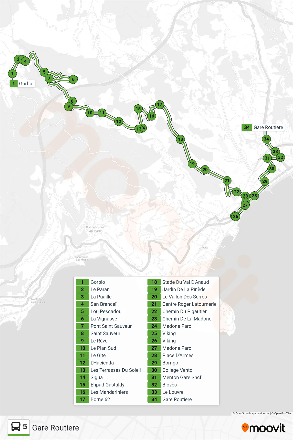 Tracé et arrêts de la ligne 5 de bus (Gare Routiere) sur une carte