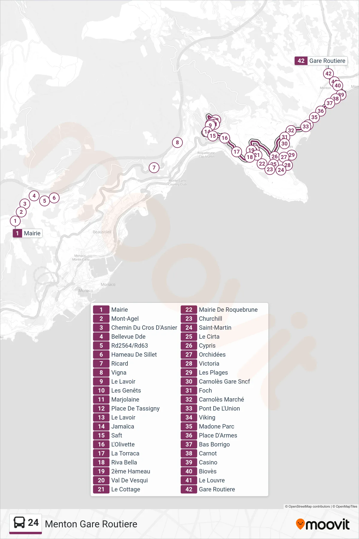 24 bus Line (Menton Gare Routiere) route and stops on a map