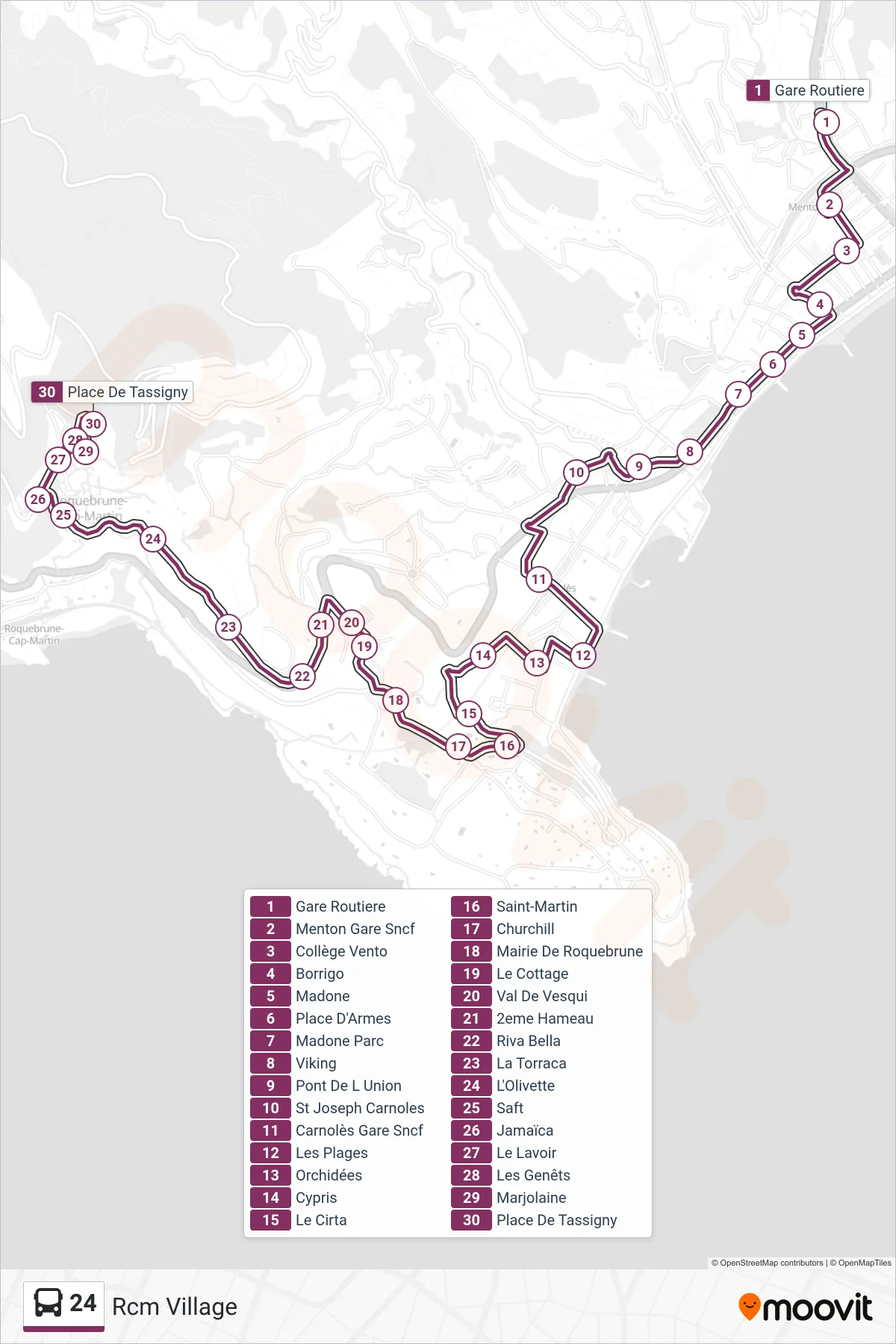 24 bus Line (Rcm Village) route and stops on a map
