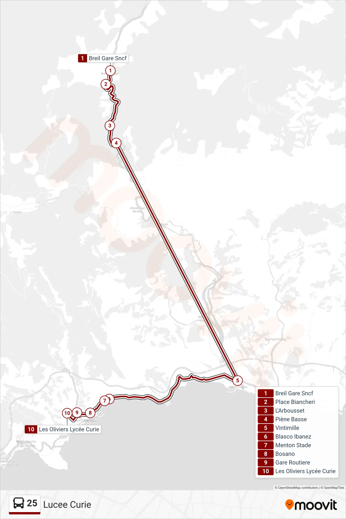 Recorrido y paradas de la línea 25 de autobús (Lucee Curie) en el mapa