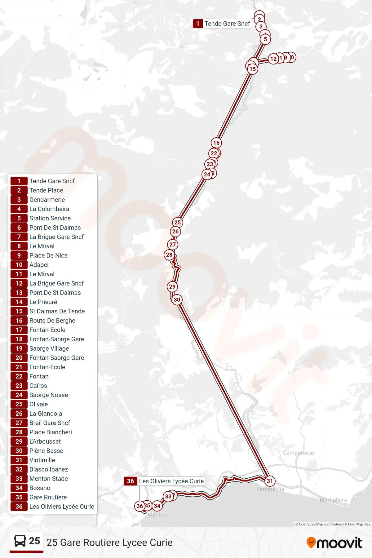 25 bus Line (25 Gare Routiere Lycee Curie) route and stops on a map