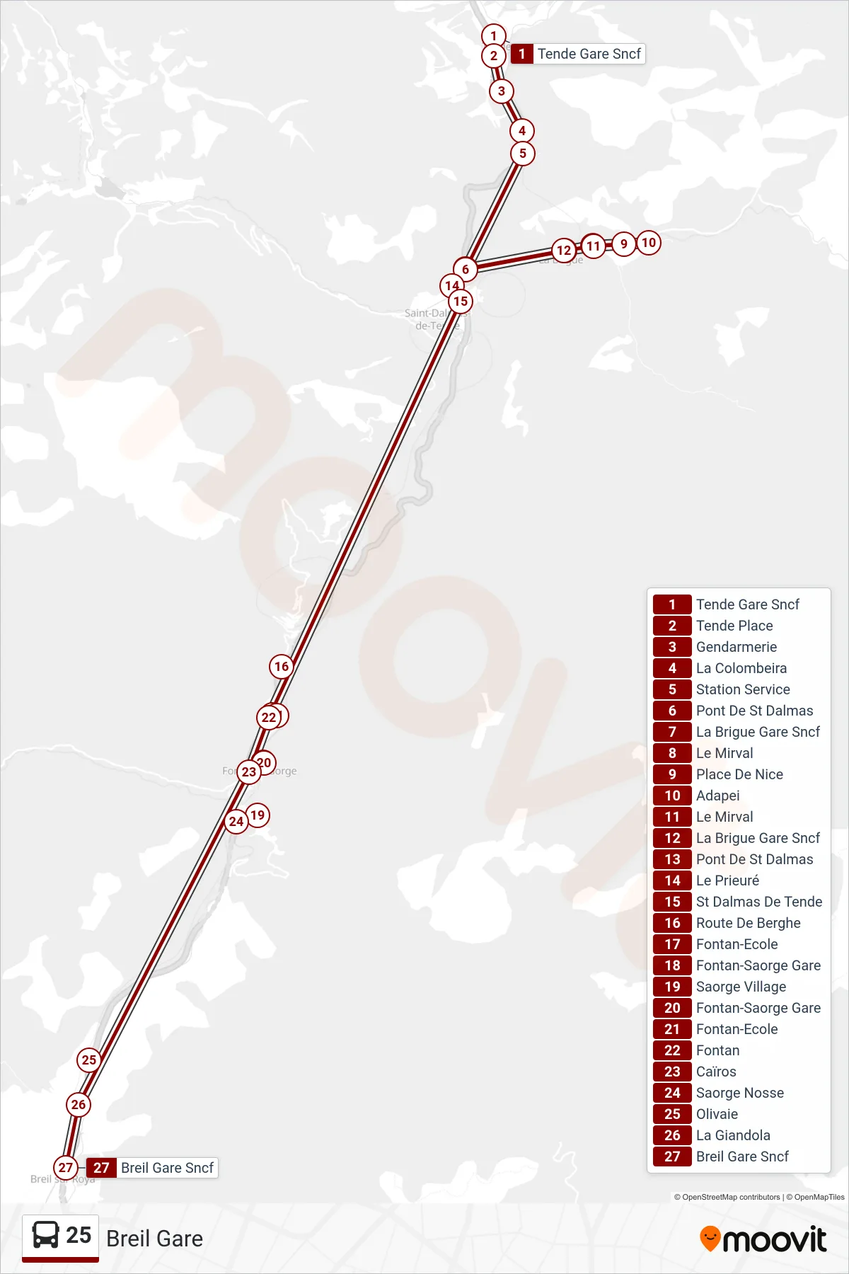 25 bus Line (Breil Gare) route and stops on a map