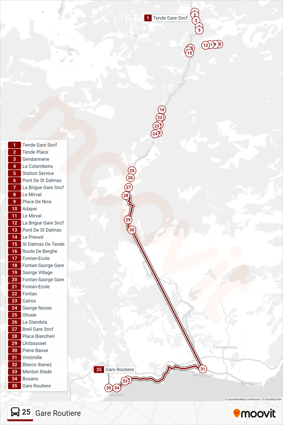 Recorrido y paradas de la línea 25 de autobús (Gare Routiere) en el mapa